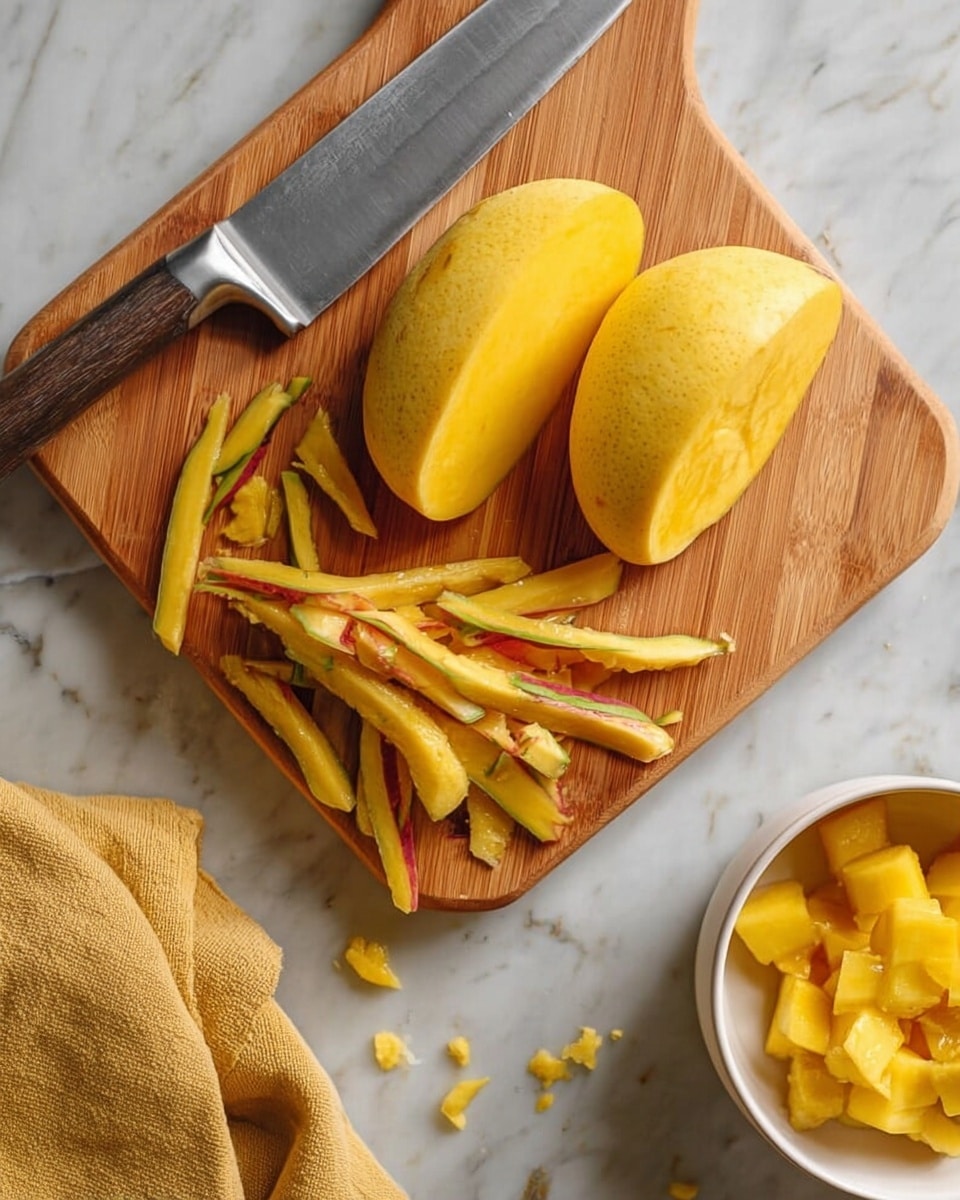 A wooden cutting board sits on a white marbled surface with a large knife resting on its left side. On the board, there are two large, peeled yellow mango halves positioned near the top center, with several long, thin mango peels with orange and greenish edges scattered below them. Part of a white bowl with more yellow mango is visible in the lower right corner, and a mustard yellow cloth is seen in the lower left corner. The image captures a simple fruit preparation scene. photo taken with an iphone --ar 4:5 --v 7