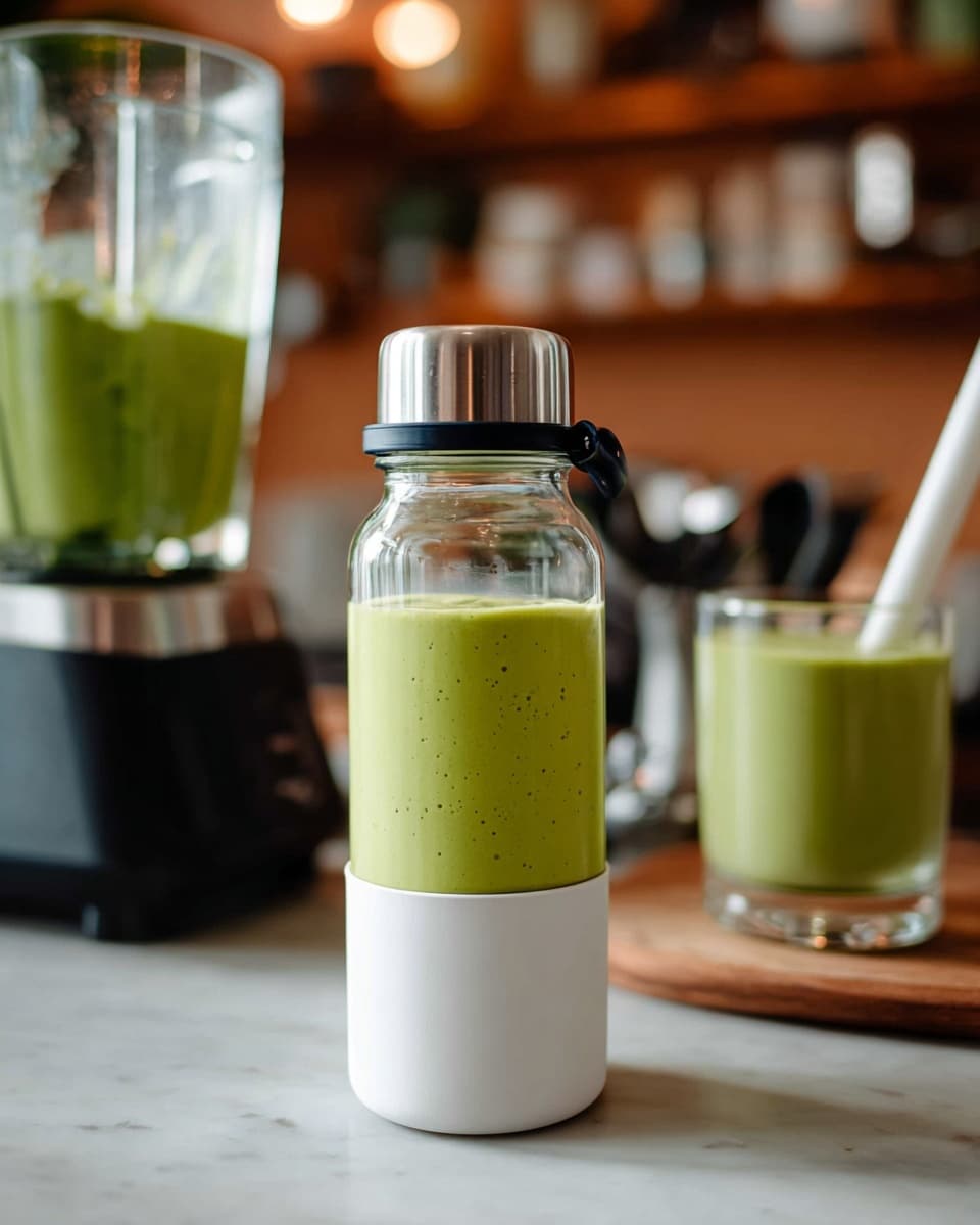 A clear glass holds a smooth, light green smoothie filling it almost to the top, with tiny dark green specks spread through the creamy texture. Inside the glass, a white and yellow striped paper straw leans at an angle, adding a soft contrast to the green drink. The glass has a geometric pattern on its surface, visible with sharp edges catching the light. The glass is placed on a white marbled surface, with a few fresh spinach leaves scattered around. In the blurred background, part of a blender with more of the green smoothie is visible, along with a warm-toned wooden kitchen area and shelves. A yellow cloth is softly seen in the bottom left corner. Photo taken with an iphone --ar 4:5 --v 7