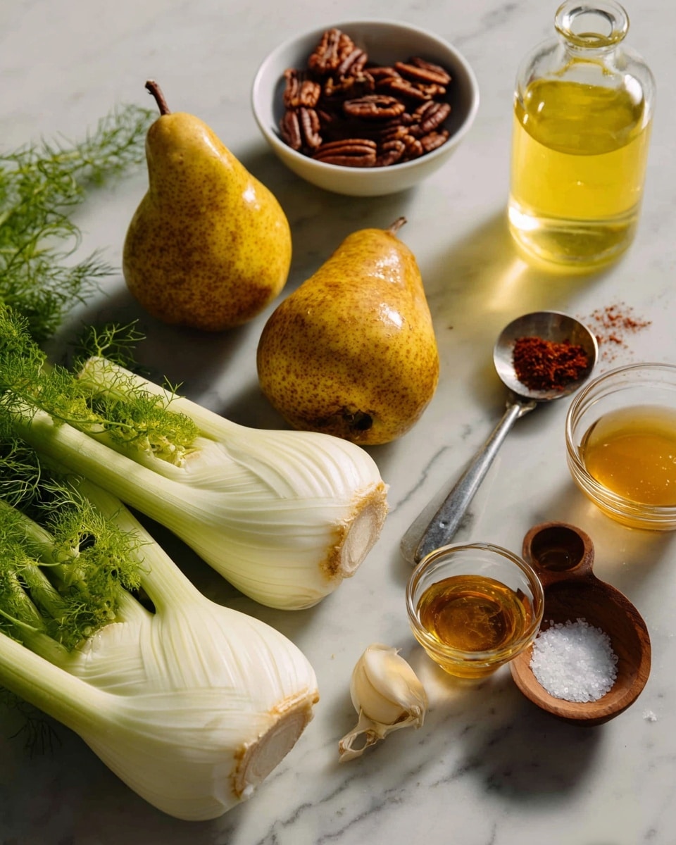 Two pears with yellow and brown skin are placed on a white marbled surface, near three large white fennel bulbs with light green stalks and feathery leaves spread out around them. A small white bowl filled with dark brown pecan nuts sits near the pears. To the right, there is a clear glass bottle with a yellow liquid, and below it three small glass containers with honey-colored and dark brown liquids. A small wooden bowl holds white salt and black pepper, and a metal measuring spoon with fine red powder lies above the pears. The scene is softly lit, showing fresh ingredients arranged neatly. Photo taken with an iphone --ar 4:5 --v 7