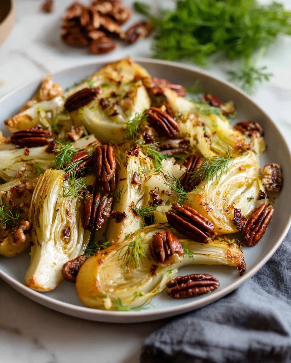 The dish shows a white plate full of roasted pear halves and fennel wedges, lightly browned with visible seasoning on their surfaces, creating a mix of golden brown and creamy white colors. Scattered among the fruit and vegetable pieces are whole pecans, adding a dark brown, rough texture. Small green fennel fronds are sprinkled across the top for a fresh color pop. The plate sits on a white marbled surface, with a small white bowl of more pecans to the right, and a partially shown lemon squeezer and lemons at the bottom left corner. Photo taken with an iphone --ar 4:5 --v 7