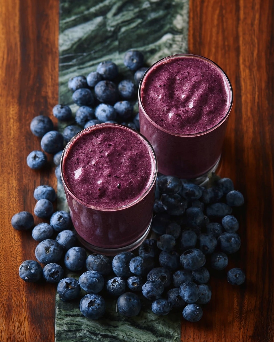 Two clear glasses hold a blueberry smoothie with a thick, creamy texture and a light purple color spotted with darker blueberry bits. Each glass is layered with swirls of deeper purple blueberry puree. On top of the smoothie, there are two whole blueberries, white coconut flakes, and a light brown drizzle that looks like peanut butter. A clear straw is placed in one of the glasses. The glasses sit on a wooden board scattered with fresh blueberries, all set on a white marbled surface. Photo taken with an iphone --ar 4:5 --v 7