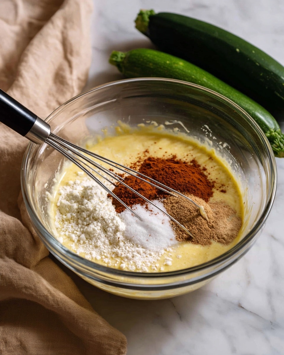 A clear glass bowl sits on a white marbled surface with a beige cloth and two green zucchinis next to it. Inside the bowl, there is a yellowish batter forming the base layer, with three separate piles on top: white powder, reddish-brown spice, and a small heap of white granules, all grouped together on one side. A metal whisk with a black handle rests inside the bowl, partially dipped in the batter. The scene is bright and clean, focusing on the mixing process photo taken with an iphone --ar 4:5 --v 7