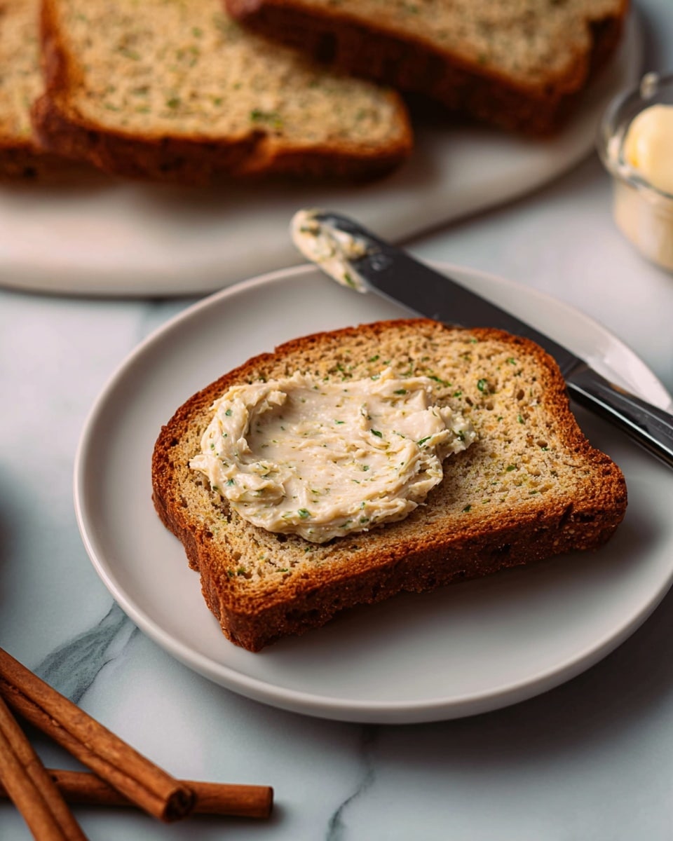 A loaf of golden brown bread with a rough, cracked top layer sits on white parchment paper over a white marbled surface. The inside of the bread shows a dense, moist texture with small bits of green zucchini visible throughout. Three slices lie next to the main loaf, showing the same textured and slightly speckled pattern on the cut surface. In the background, a fresh green zucchini and two brown cinnamon sticks rest on the white marbled surface, adding color contrast to the scene. photo taken with an iphone --ar 4:5 --v 7