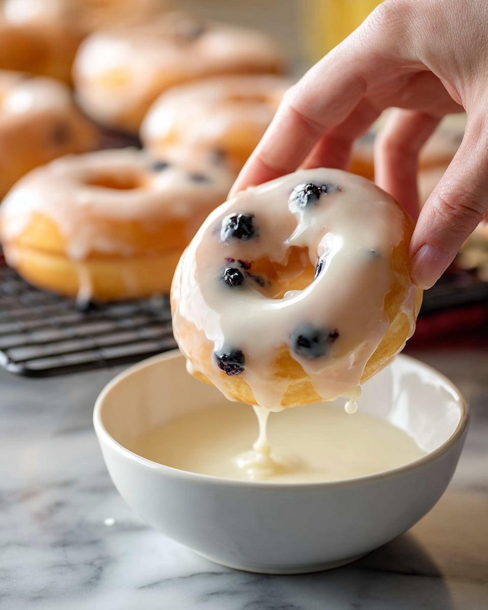 Six light yellow blueberry donuts with dark blueberries baked inside are placed on a black cooling rack over a white marbled surface. On the left side, there is a small white bowl filled with fresh dark blueberries sitting on a wooden board, along with two lemon halves showing bright yellow flesh. Scattered blueberries are lying around the rack. On the right bottom edge, there is a white bowl filled with white icing and a metal spoon inside it. Photo taken with an iphone --ar 4:5 --v 7