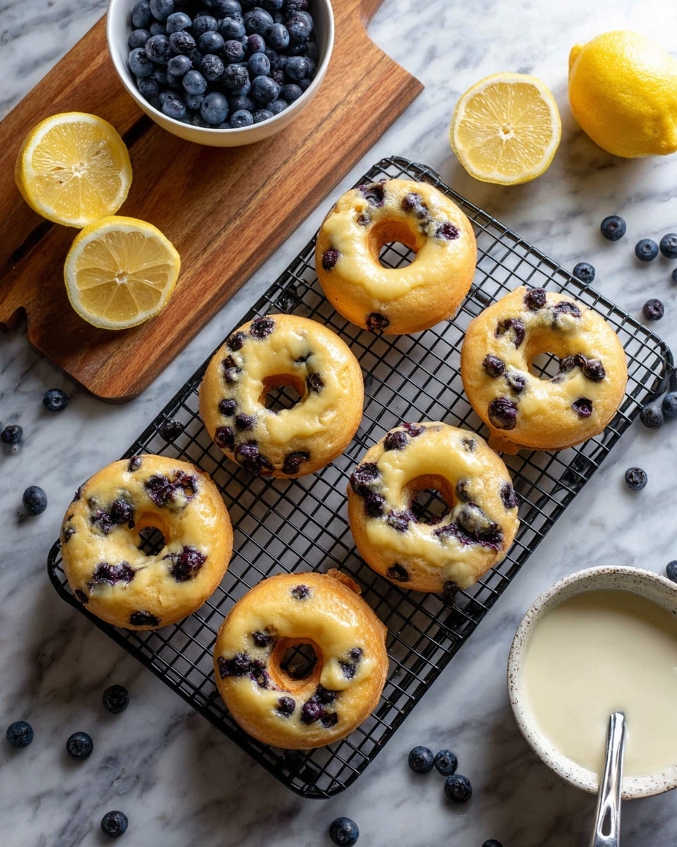 A close-up image shows a light beige donut with visible small dark blueberries inside, being dipped into smooth, shiny white glaze in a white bowl. The glaze is thick and coats the top of the donut, with a small drip hanging off the bottom. A woman's hand is gently holding the donut by its sides. In the blurred background, several glazed donuts rest on a black wire rack on a white marbled surface. The lighting highlights the glossy texture of the glaze on the donut and in the bowl. photo taken with an iphone --ar 4:5 --v 7