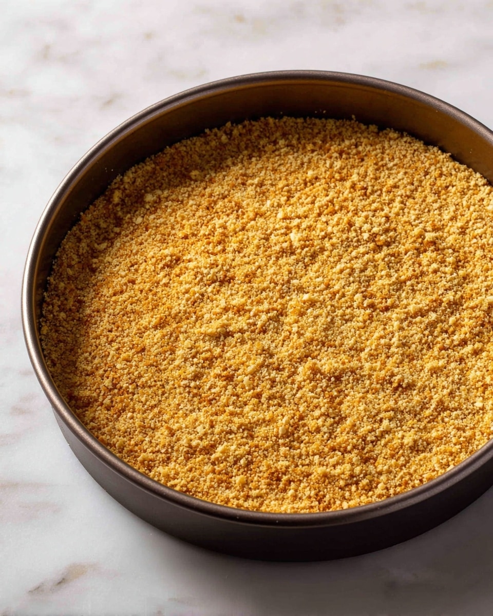 A close-up image of a round baking pan filled evenly with a single thick layer of finely crushed golden brown crumbs, showing a slightly rough texture and compact surface, all resting on a white marbled background. photo taken with an iphone --ar 4:5 --v 7
