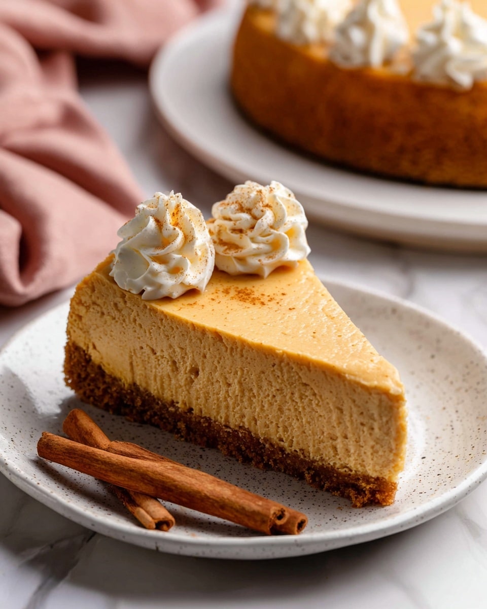 The image shows a pumpkin cheesecake with three visible layers on a white plate. The bottom layer is a crumbly brown crust, the middle layer is a thick, creamy light orange pumpkin filling, and the top layer is a smooth, darker orange cheesecake surface. Around the edge of the cheesecake are evenly spaced dollops of white whipped cream with a swirled texture. A slice is cut and removed, showing the inside layers clearly. In the background, there is a white plate with the same cheesecake slice and two cinnamon sticks on a white marbled surface, with a piping bag partially visible. There is a soft, pale pink cloth in the top left corner. Photo taken with an iphone --ar 4:5 --v 7