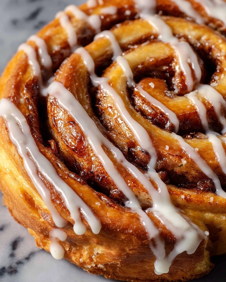 A thick, tall cinnamon roll with multiple spiral layers showing a golden brown crust and dark cinnamon swirls inside. The top has white icing drizzled in lines that run down the sides, creating a dripping effect over the light-brown dough. The roll sits on a round white marble plate with a smooth texture. The background is also white marble, making the cinnamon roll colors stand out. photo taken with an iphone --ar 4:5 --v 7