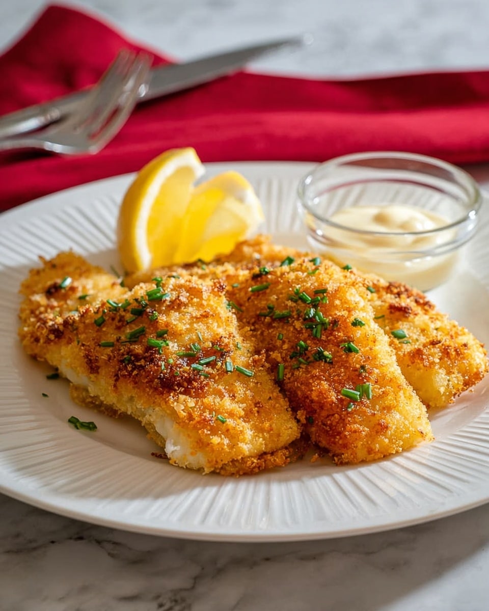 The image shows a white plate with two pieces of golden-brown fried fish placed in the center, lightly sprinkled with small green herb bits. To the left of the fish, there is a lemon wedge with bright yellow skin and pale yellow flesh. On the right side of the plate, there is a small clear glass bowl containing a dollop of creamy white sauce. The plate sits on a white marbled surface. A fork and knife rest near the bottom left side of the plate, and part of a red cloth is visible near the top left corner. Photo taken with an iphone --ar 4:5 --v 7