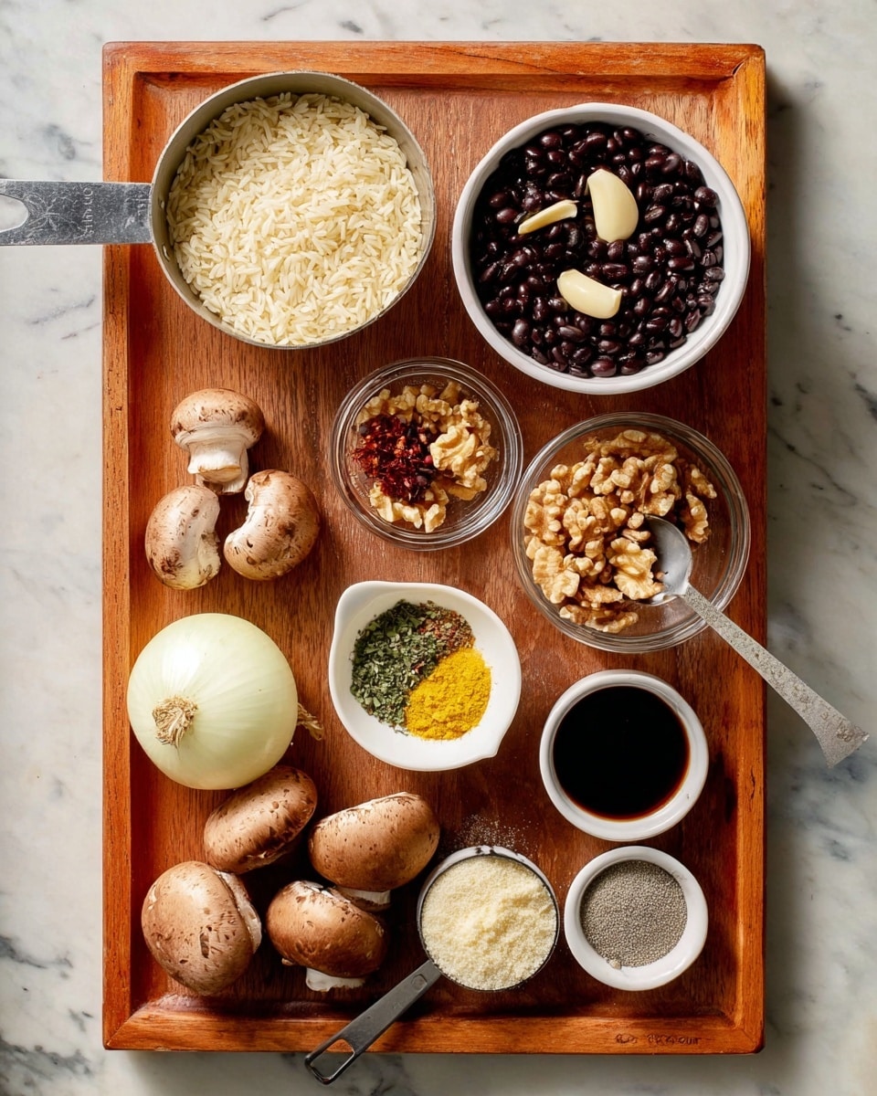 A wooden tray holds various ingredients arranged neatly on a white marbled surface: a metal measuring cup filled with cooked rice on the top left; a white bowl full of dark black beans with two garlic cloves on top in the upper middle; a small clear glass bowl with walnut pieces below the rice; a small white bowl with a mix of yellow powder, green herbs, and red spice next to the walnuts; a small white bowl with a dark liquid to the right of the spice bowl; below, five whole brown mushrooms are spread out near a half white onion on the bottom left; a metal measuring cup with light beige crumbs on the bottom right, and next to it a small white bowl with a dark liquid; lastly, a small white bowl filled with a gray coarse powder is near the walnuts. photo taken with an iphone --ar 4:5 --v 7