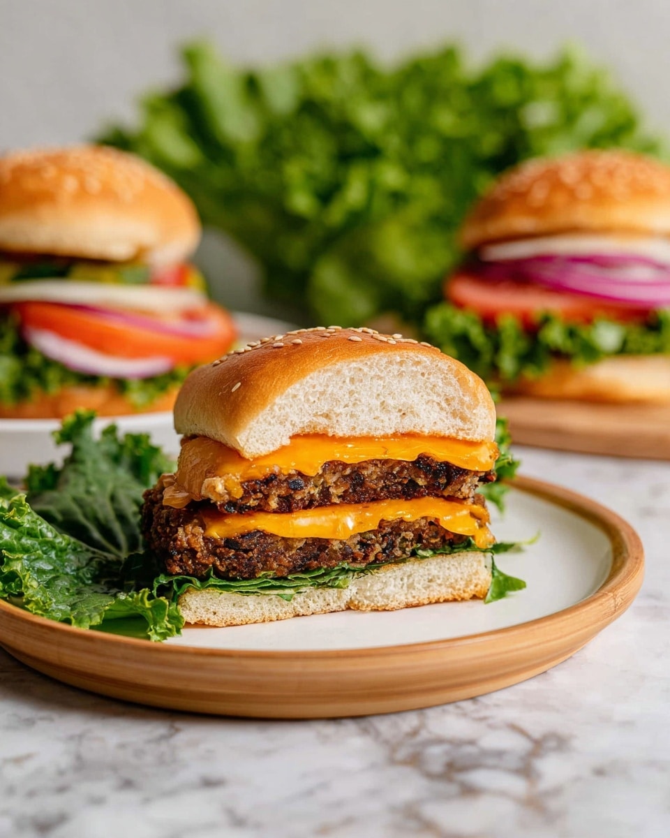 The image shows a sliced burger on a round white plate with a light wooden rim, placed on a white marbled surface. The burger has four visible layers: at the bottom is a green leafy lettuce with a fresh and crisp texture, followed by a thick burger patty made of black beans and grains with a chunky and textured look, then a bright orange slice of melted cheddar cheese, and on top a soft sesame seed bun in a light golden brown color. In the background, there is a fresh green leafy lettuce and another whole burger with visible layers including lettuce, red onion rings, a tomato slice, and cheddar cheese, all on a white marbled surface. Photo taken with an iphone --ar 4:5 --v 7