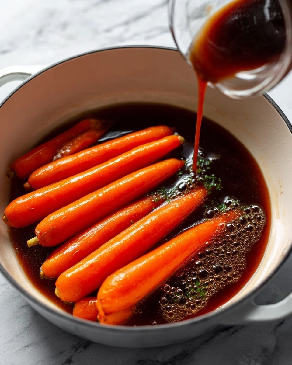 The image shows a white cooking pot filled with seven whole bright orange carrots resting on a dark brown sauce that looks shiny and thick. A bottle is pouring more of the same sauce into the pot, creating small bubbles and ripples on the surface. The pot is placed on a white marbled surface, and the scene is brightly lit, showing the texture of both the carrots and the liquid inside the pot. photo taken with an iphone --ar 4:5 --v 7