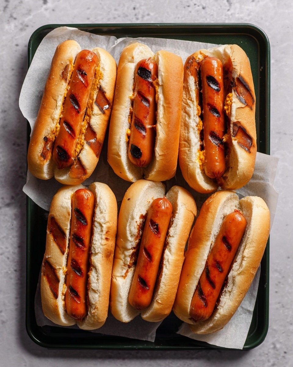 The image shows six hot dogs arranged on a dark baking tray lined with white parchment paper on a white marbled surface. Each hot dog has a single bright orange sausage with dark grill marks placed inside a soft, lightly toasted white bun that also has some grill marks. The buns are split open just enough to hold the sausage, with the sausages centered in the middle of each bun. The sausages and buns have a smooth texture with slight charring that adds contrast to the light color of the bread. The tray fills most of the frame, showing the hot dogs clearly from the top view. photo taken with an iphone --ar 4:5 --v 7