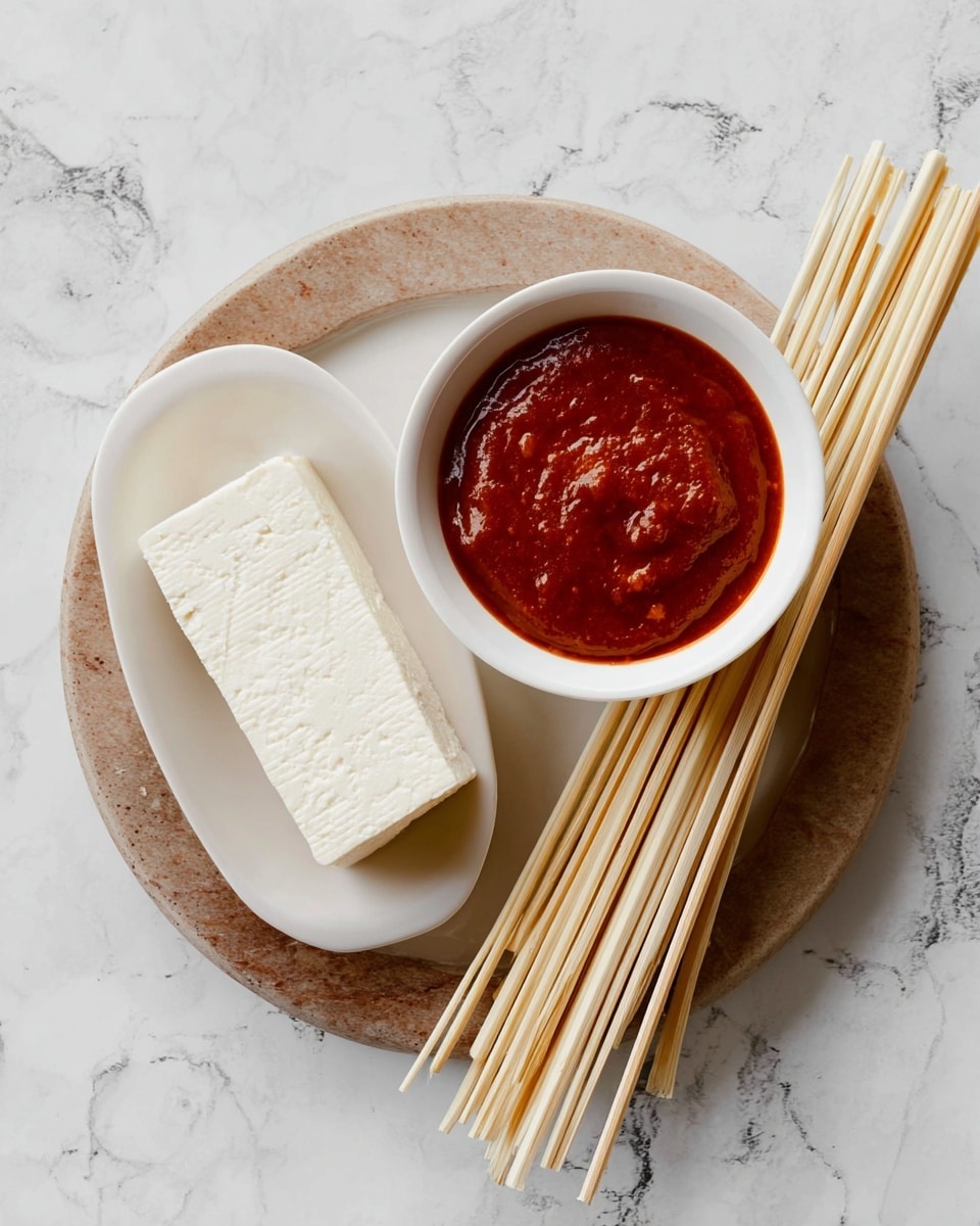 A round white marble textured plate holds three main items: a small oval white plate on the left with a block of white tofu showing a smooth but slightly uneven surface, a small white bowl on the right filled with thick reddish-brown sauce with a shiny texture, and a bundle of light beige bamboo skewers laid horizontally across the top of the plate. The background is a white marbled textured surface with faint gray veins. photo taken with an iphone --ar 4:5 --v 7