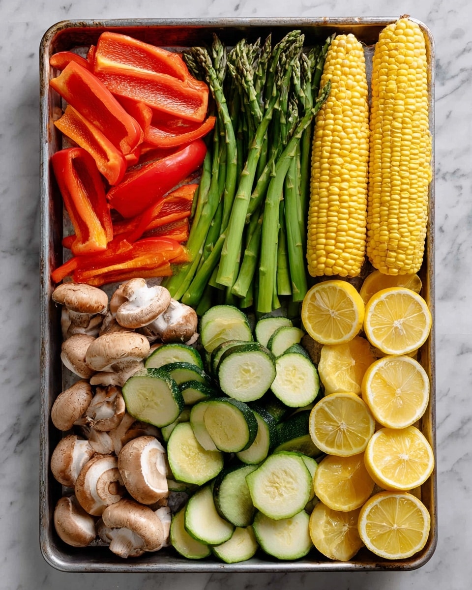 A metal tray holds an organized arrangement of fresh vegetables divided into six neat sections. Starting from the top left corner, there are bright red bell pepper slices with a smooth, slightly shiny texture. To their right, a row of long green asparagus stalks with closed tips, showing a fresh and firm texture. Next to the asparagus are two whole yellow corn ears with visible rows of plump kernels. Below the corn, there are sliced green zucchinis cut into thick rounds showing a soft light green inside and darker green outside. To the left of the zucchini, there are many button mushrooms in halves and whole with smooth brown caps and white insides. On the far right side of the tray, halved bright yellow lemons are stacked vertically in two columns, showing a fresh juicy interior and a lightly textured peel. The tray is placed on a white marbled surface. photo taken with an iphone --ar 4:5 --v 7