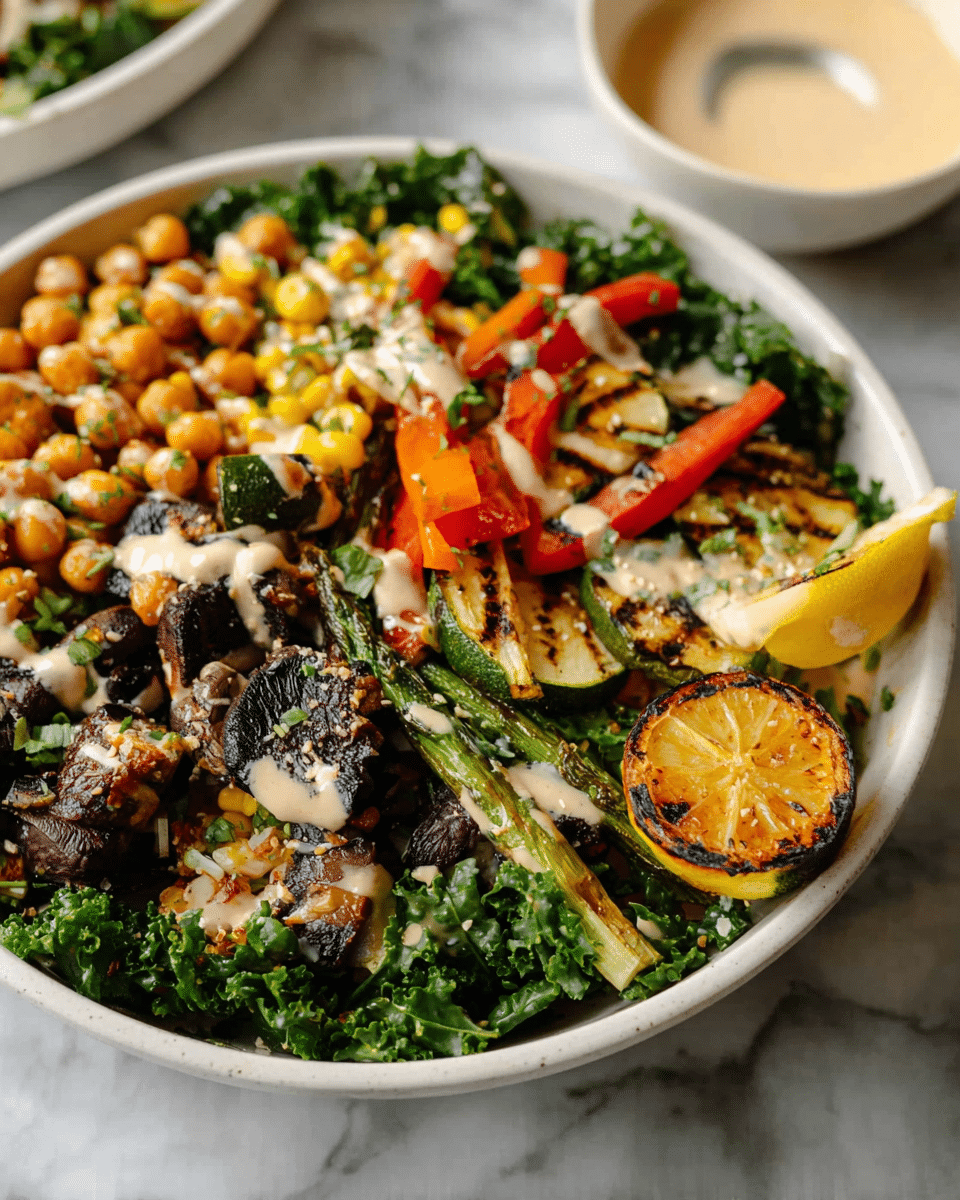 A white bowl filled with a colorful salad sits on a white marbled surface. The bottom layer is fresh chopped kale with dark green leaves. On top, there are grilled vegetables including pieces of brown mushrooms, charred green asparagus, yellow and red bell pepper slices, and zucchini rounds with grill marks. Crispy golden-brown chickpeas and bright yellow corn kernels are scattered over the veggies. A thick beige creamy dressing is drizzled evenly across the salad. A grilled lemon half with dark char lines rests on the right edge of the bowl. In the background, there is a small white bowl of the same beige dressing with a wooden spoon resting in it. photo taken with an iphone --ar 4:5 --v 7