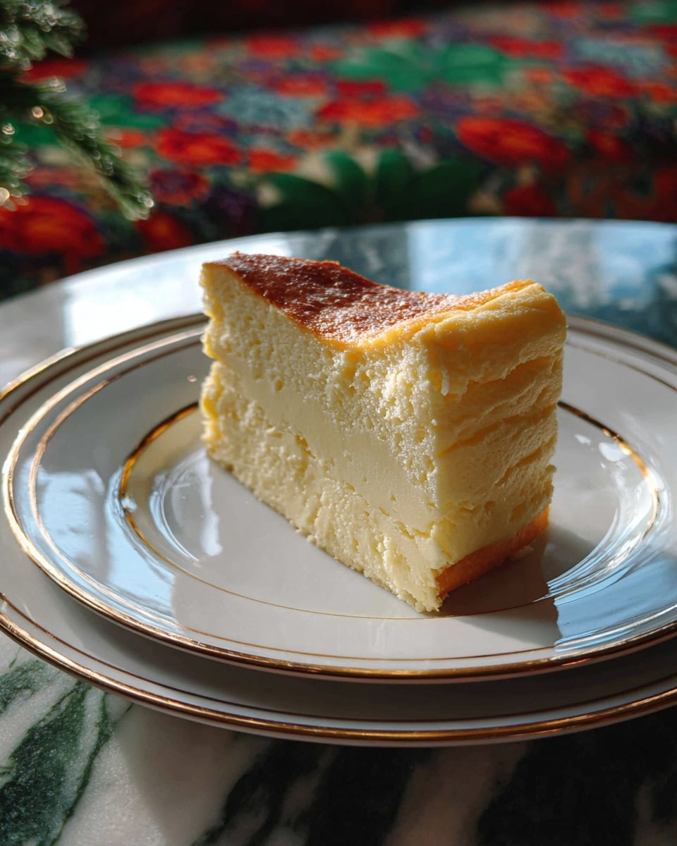 A single slice of cheesecake with two layers sits on a white plate with black and gold patterned rim; the bottom layer is thick, creamy white with a slightly crumbly texture, while the top layer is thinner and smooth with a light golden brown color. A silver fork rests next to the slice, and the plate is placed on a white marbled surface covered with a red and green poinsettia floral cloth. Photo taken with an iphone --ar 4:5 --v 7