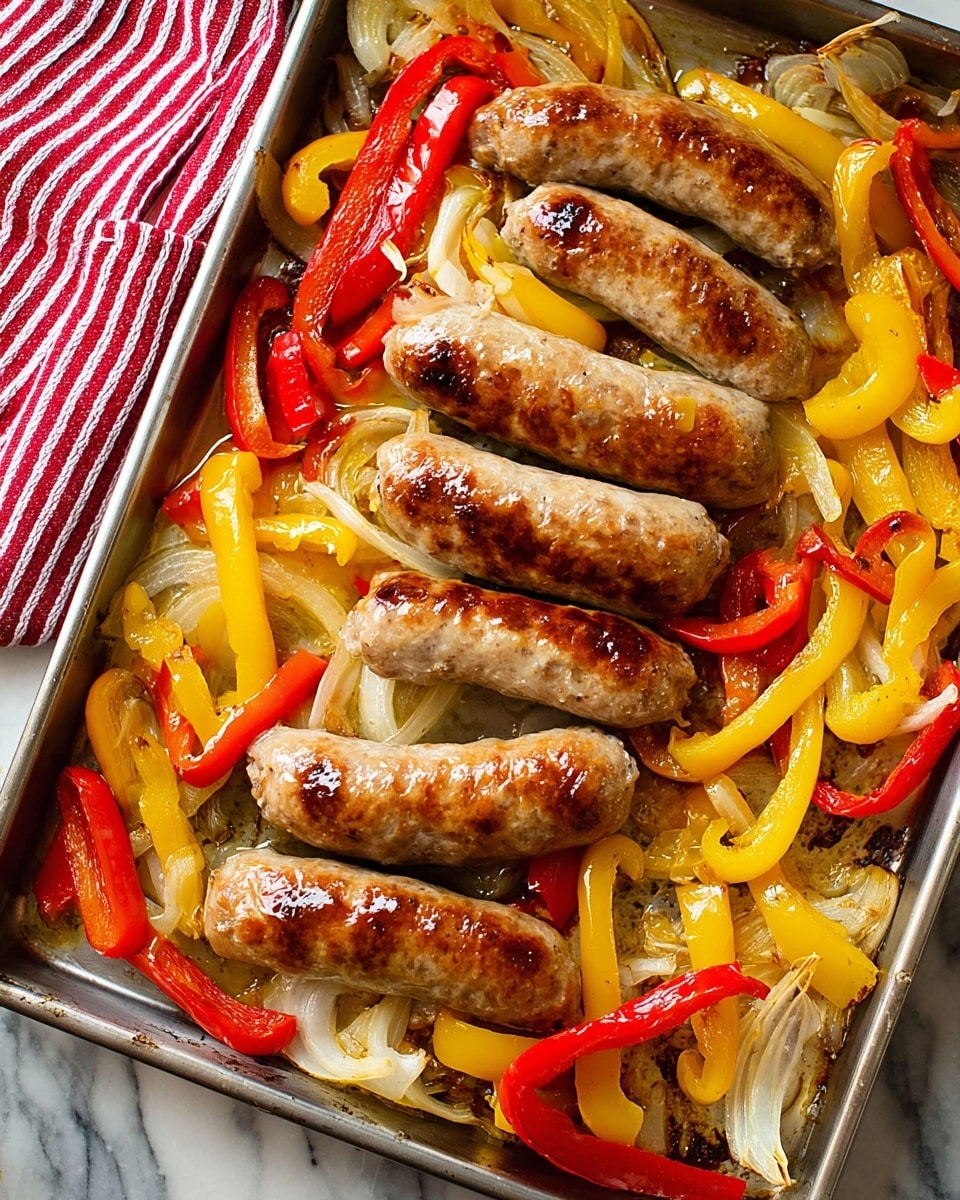 A white plate on a white marbled surface holds two cooked sausages with a light brown and slightly spotted skin. Around and under the sausages are pieces of soft yellow and red bell peppers and some cooked onion slices, showing a shiny, slightly oily texture. On the right side of the plate, a fork rests near the food. Part of another white plate with a piece of bread is seen on the top right corner, with a woman’s hand holding a knife nearby. A red cloth is visible on the upper left edge of the image. Photo taken with an iphone --ar 4:5 --v 7
