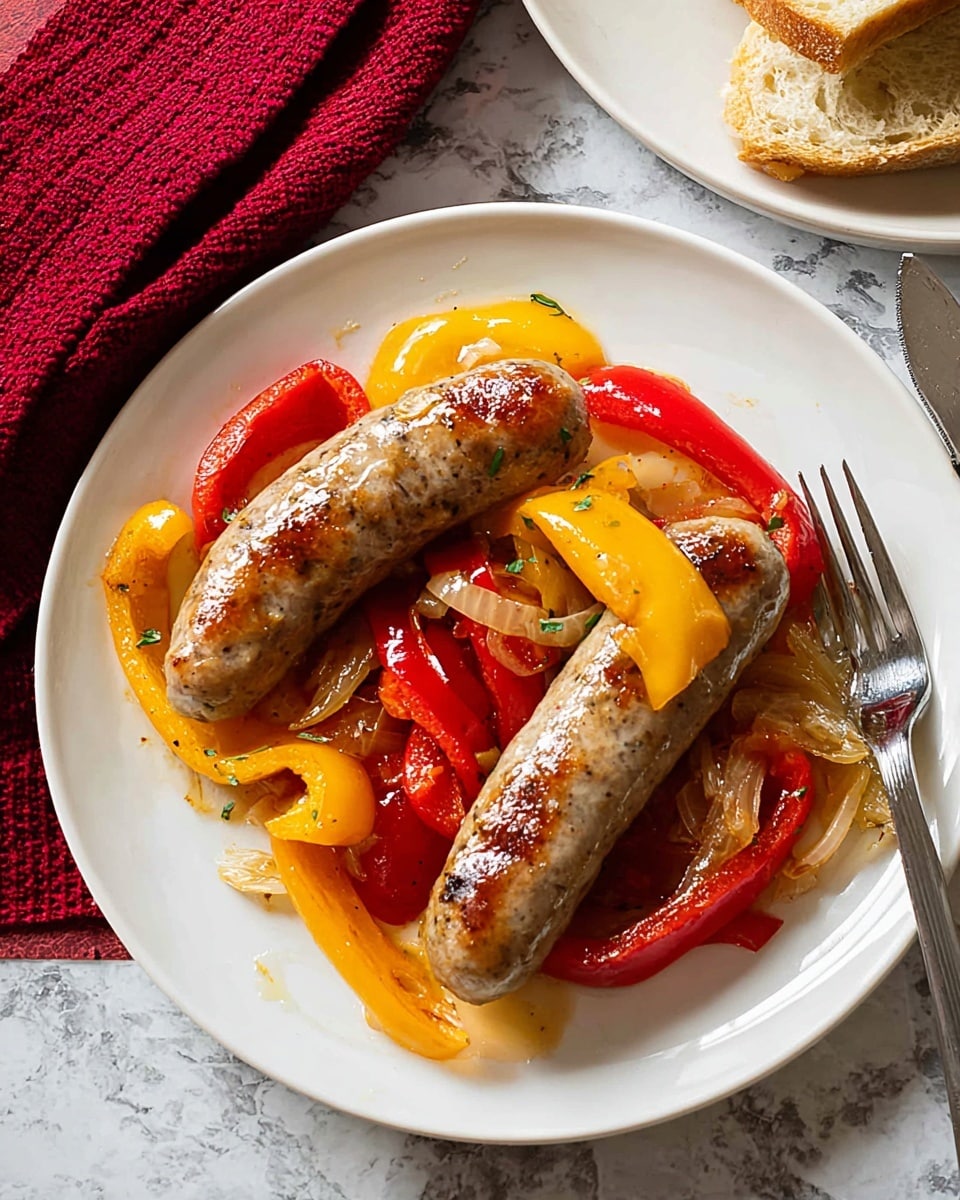 The image shows a metal baking tray filled with eight browned sausages placed unevenly. Underneath and around the sausages are yellow and red bell pepper strips and some slices of cooked white onion, creating a colorful mix of yellow, red, and light brown. The vegetables have a slightly charred look with a glossy texture from cooking oil or juices. The tray sits on a surface covered with a white marbled texture and a red and white striped cloth is partially visible on the upper left side. The whole setup looks warm and fresh, ready to serve. photo taken with an iphone --ar 4:5 --v 7