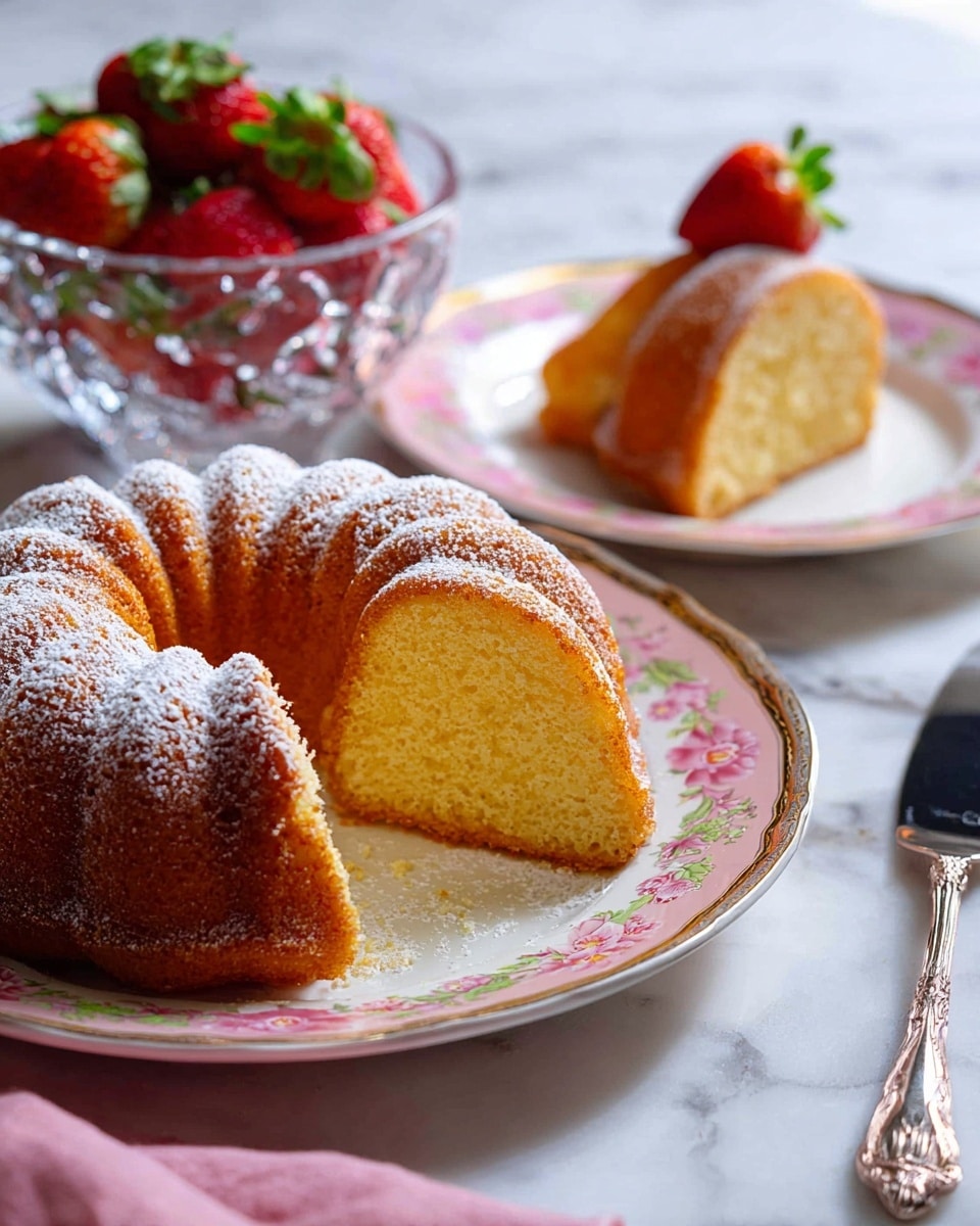 The image shows a golden brown bundt cake with a soft texture, dusted lightly with powdered sugar on top. The cake is placed on a decorative white plate with floral patterns around the edges. The background has a white marbled texture, and behind the cake is a clear bowl filled with fresh, red strawberries that add a bright splash of color. The scene is bright and fresh, focusing on the cake's light crust and soft inside. Photo taken with an iphone --ar 4:5 --v 7