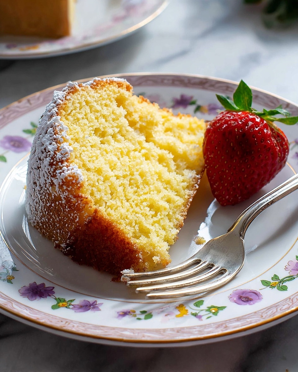 A round bundt cake with one slice removed shows a soft, yellow inside and a golden-brown crust dusted lightly with powdered sugar. The cake sits on a white plate with pink and floral patterns around the edge. In the background, there is a slice of the same cake on a matching plate, topped with a bright red strawberry. Behind this plate is a clear glass bowl filled with red strawberries, all placed on a white marbled surface. A silver cake server is in the bottom right corner next to a pink cloth. Photo taken with an iphone --ar 4:5 --v 7