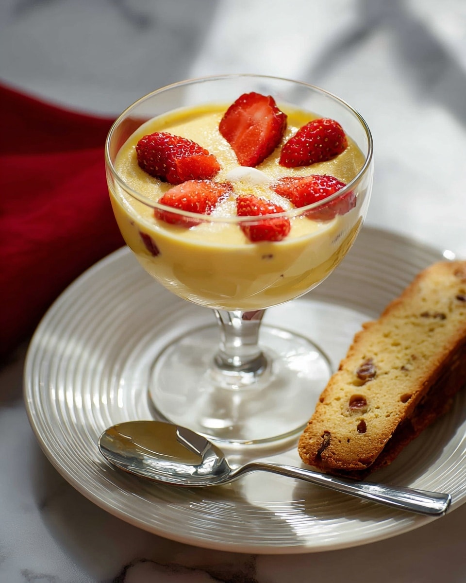 The image shows a dessert served in a clear glass cup with a stem, placed on a white plate on a white marbled surface. Inside the glass, there is a smooth, yellow creamy layer topped with five small bright red strawberry pieces scattered on the surface. Next to the glass on the plate is a rectangular cookie with visible dark chocolate chips. A metal spoon with a shiny surface lies on the plate beside the glass. The background includes a blurred white plate with two metal spoons crossed on it, and there is a red fabric with white stitching on the left edge of the image. photo taken with an iphone --ar 4:5 --v 7