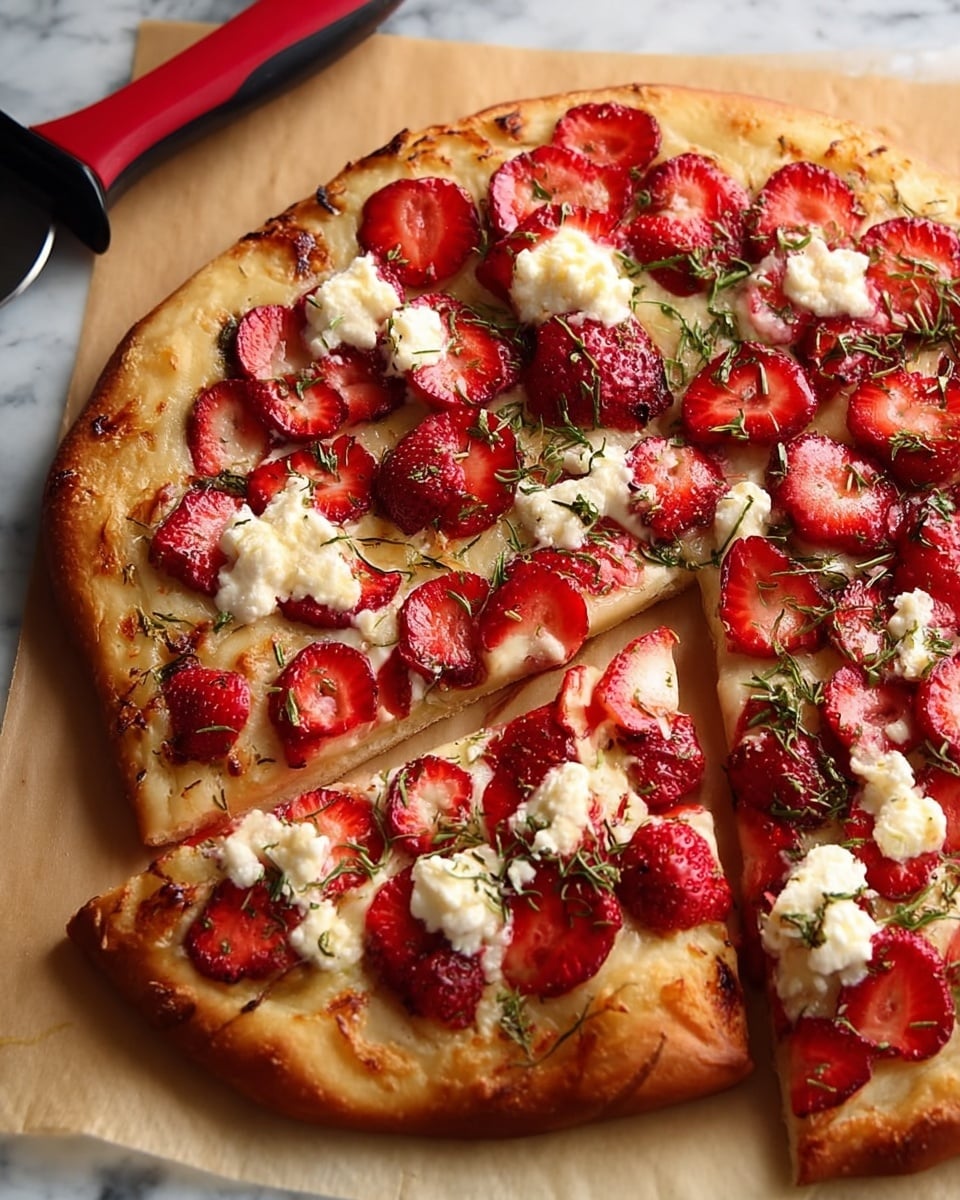 The image shows a round flatbread pizza with a golden-brown crust. The top layer has many thin, round slices of bright red strawberries spread evenly across the dough. Small dollops of white cheese are scattered on top of the strawberries, some with slight browning. Thin strips of fresh green herbs are sprinkled lightly over the whole pizza. The flatbread rests on parchment paper placed on a white marbled surface. A red and black pizza cutter is partially visible on the upper left side near the flatbread photo taken with an iphone --ar 4:5 --v 7