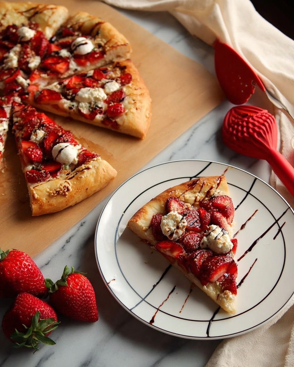 A white square plate with black curved line patterns holds a single slice of pizza with a golden crust. The pizza slice has visible layers including a thin crust base, topped with bright red strawberry slices spread evenly, and dollops of white cheese scattered across the surface. There are also small flecks of green, likely herbs, adding contrast to the red and white. Around the plate, three fresh red strawberries lay on a beige cloth next to a red pizza cutter with a shiny metal blade. A larger portion of the same pizza with the same toppings and crust sits on a wooden pizza peel in the background. The scene is set on a white marbled surface. Photo taken with an iphone --ar 4:5 --v 7