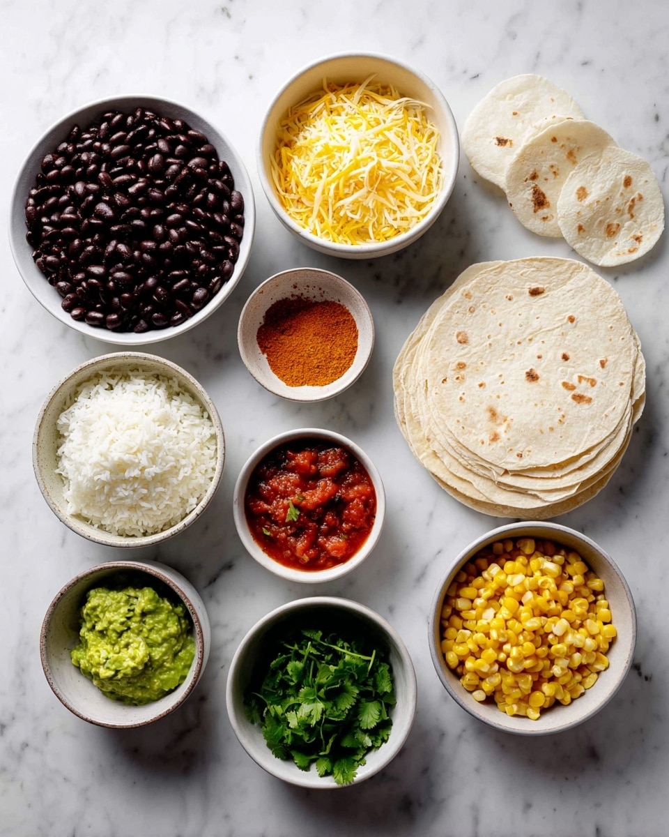 The image shows eight small white bowls and one small stack of white flour tortillas arranged neatly on a white marbled surface. From left to right, the first large bowl contains dark brown cooked beans with a smooth, shiny texture. Below it, a medium bowl holds light yellow shredded cheese with thin, stringy pieces. Next, a small bowl contains bright orange spice powder, fine and dry. Adjacent to it, another medium bowl holds white cooked rice with a fluffy texture. Above the rice, a small bowl has bright red chunky salsa with visible tomato pieces. Next, a bowl with green chunky guacamole shows small bits of avocado. Below that, a white bowl filled with finely chopped fresh green cilantro leaves appears vibrant. To the right, a small bowl is filled with golden yellow corn kernels that look soft and moist. Finally, to the far right, there is a small stack of white tortillas with light brown spots on their surface. The image gives a clear and colorful view of all ingredients, perfectly lit. photo taken with an iphone --ar 4:5 --v 7
