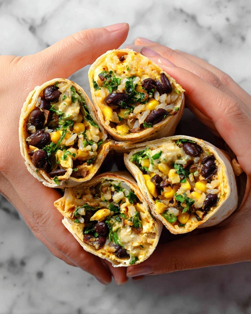 Four small burrito pieces are held together by two woman's hands on a white marbled surface. Each piece is wrapped in a light tan tortilla with soft, slightly toasted edges. Inside, there are layers of black beans, yellow corn, cooked rice, small green herb pieces, and bits of dark mushrooms, all mixed with a creamy light yellow sauce. The ingredients show a mix of smooth, soft, and slightly firm textures. The cross-section view shows the filling packed neatly inside each tortilla half. Photo taken with an iphone --ar 4:5 --v 7