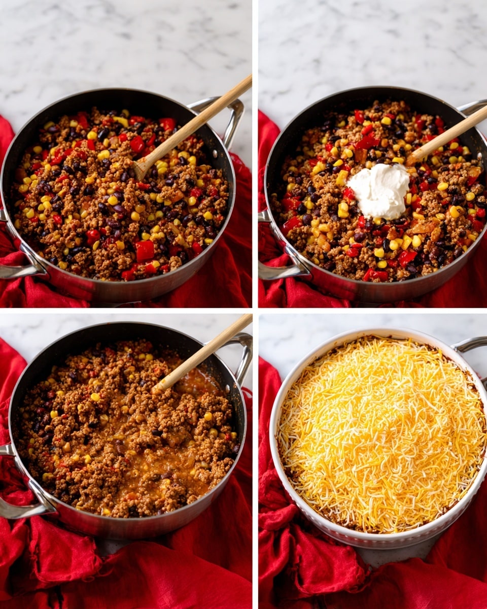 The images show a cooking pan on a white marbled surface with a red cloth in the background. The pan contains a mix of cooked ground meat, black beans, corn, and red bell peppers in the first image. In the second image, a pile of light yellow shredded cheese and a dollop of sour cream sit on top of the same cooked mix. In the third image, the cheese and sour cream are partially mixed into the warm filling, creating a melted, creamy texture with specks of color from the vegetables and beans. The final image shows the filling transferred into a round white baking dish, fully covered by a thick layer of shredded yellow and white cheese. photo taken with an iphone --ar 4:5 --v 7