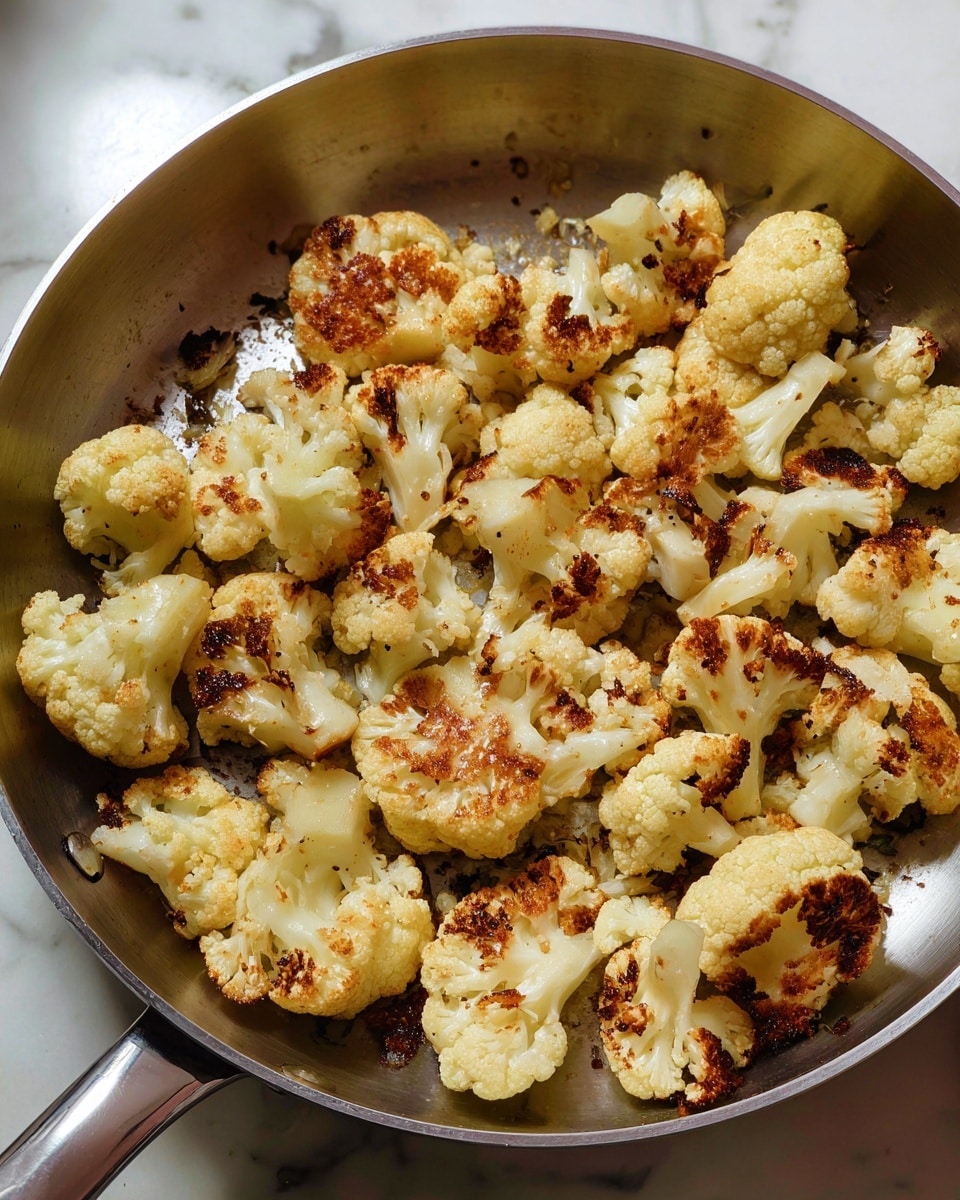 Inside a round silver pan lay many small cauliflower florets that are cooked and browned in spots. The florets have a pale yellow-white color with areas of dark brown char from cooking, showing a roasted texture. The pan is slightly stained from cooking oils, contrasting with the browned cauliflower. The scene is set on a white marbled surface that softly reflects light. photo taken with an iphone --ar 4:5 --v 7