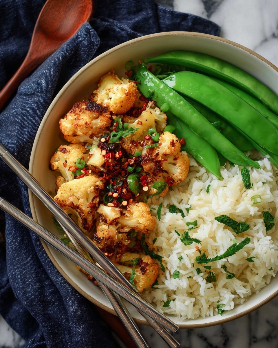 In a bowl, the bottom layer is white rice sprinkled lightly with green herbs on the right side. Next to it are bright green snap peas, smooth and shiny, placed horizontally in the middle. On the left side, a layer of roasted cauliflower pieces shows a golden-brown color with charred edges and red chili flakes scattered on top. A pair of silver chopsticks rest on the edge of the bowl, diagonally across from top left toward bottom right. The bowl is white and set on a white marbled surface with a dark cloth slightly visible in the background. Photo taken with an iphone --ar 4:5 --v 7