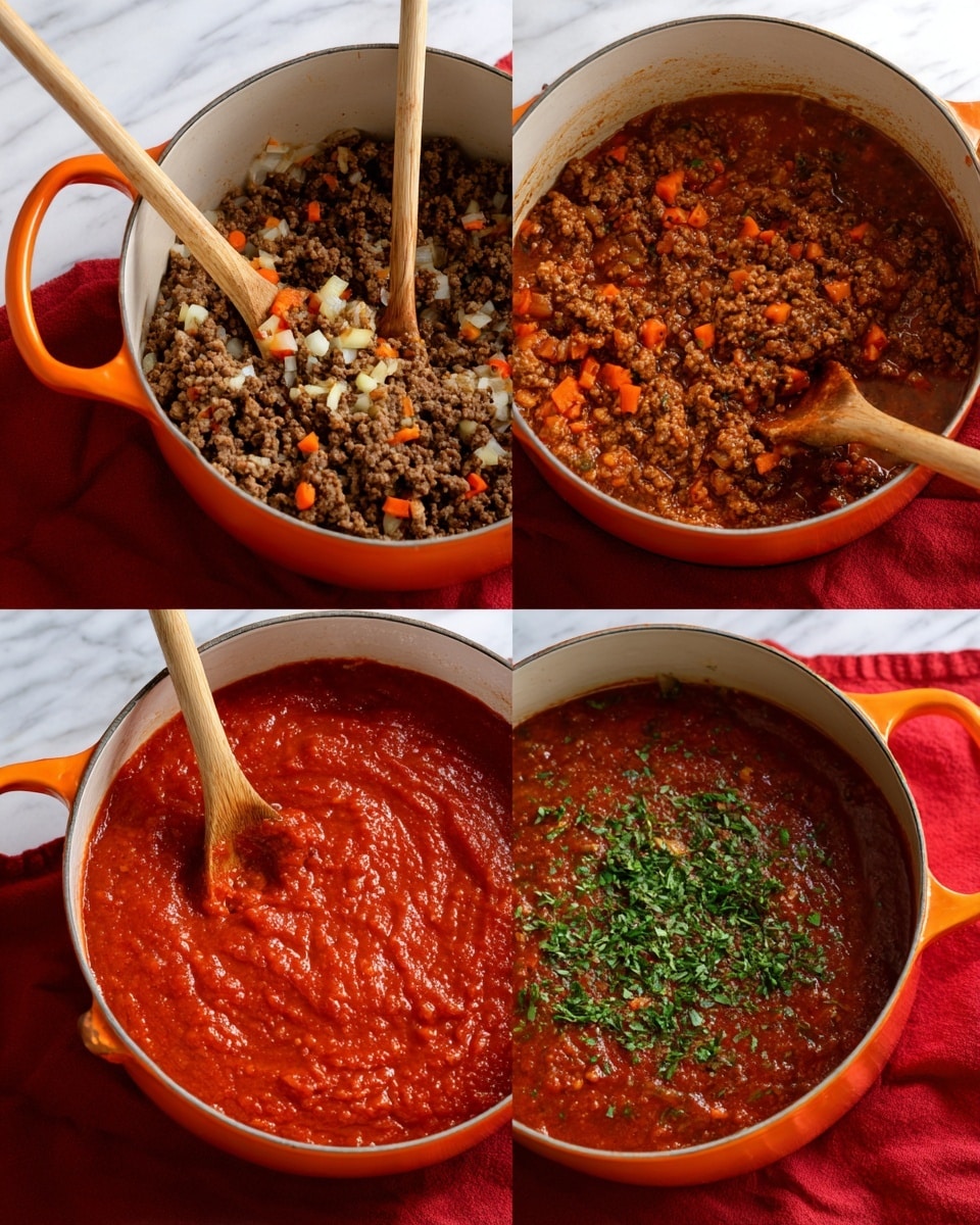 The image shows three stages of cooking a rich red meat sauce in an orange pot placed on a white marbled surface with a red cloth in the background. The first stage reveals a mix of browned ground meat combined with finely chopped onions, carrots, and celery, all lightly cooked and stirred with a wooden spoon positioned vertically in the pot. In the second stage, the pot contains a thick, chunky red tomato sauce mixed with the meat and vegetables, with the wooden spoon dipped slightly sideways, showing the dense texture of the sauce. The third stage shows the sauce now creamier and smoother, garnished with small chopped green herbs scattered on top, with the wooden spoon stirring gently from the center. Photo taken with an iphone --ar 4:5 --v 7