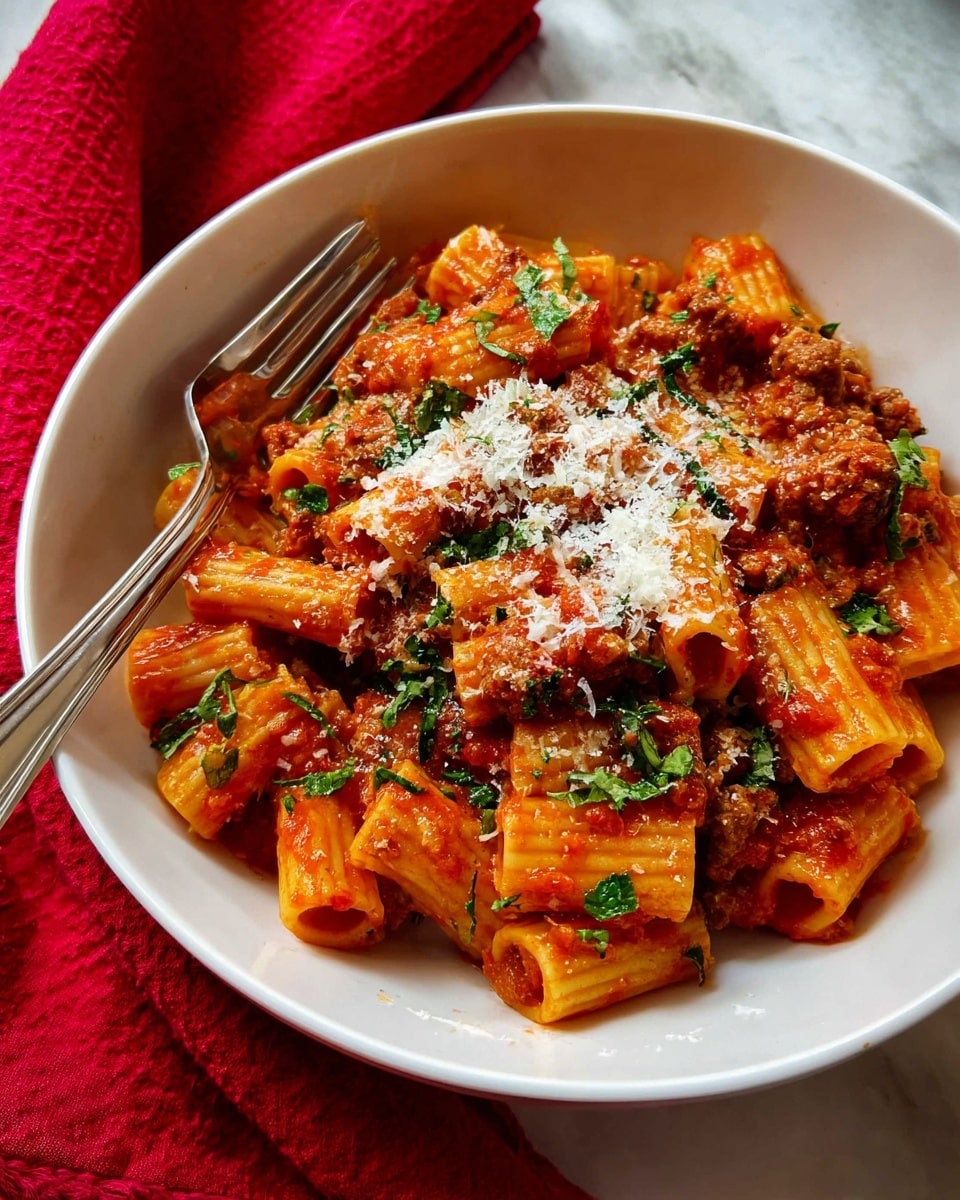 A white plate filled with rigatoni pasta coated in a rich red tomato sauce mixed with ground meat and small bits of carrot, topped with a light sprinkle of finely grated white cheese and small green herb leaves scattered on top, with a silver fork resting on the edge of the plate, all set on a white marbled surface with a red cloth and a red bowl blurred in the background, photo taken with an iphone --ar 4:5 --v 7
