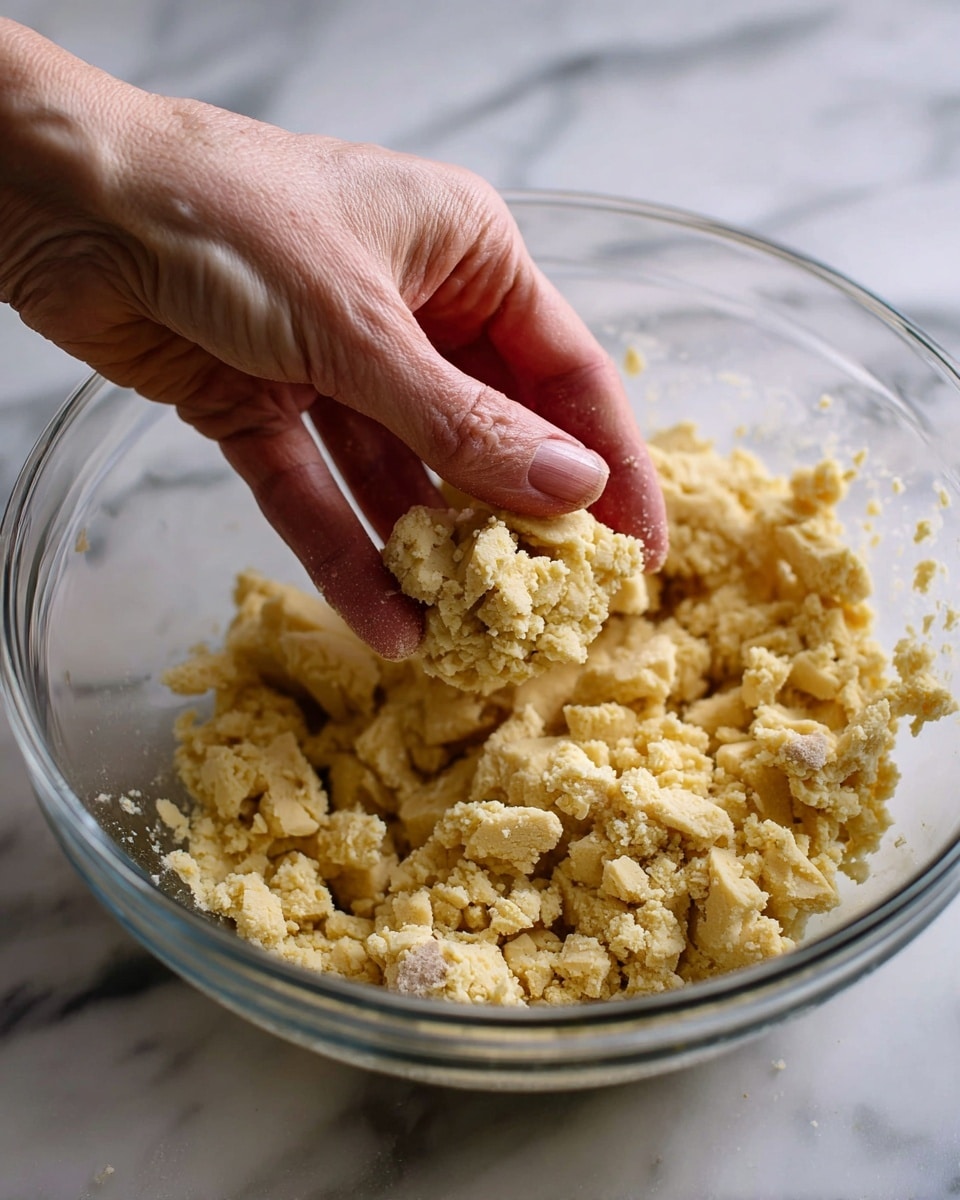 A close-up image showing a woman's hand breaking a crumbly, pale yellow dough inside a clear glass bowl. The dough is rough and clumpy with various small to medium pieces scattered inside the bowl. The bowl sits on a white marbled surface that adds a clean and bright background to the scene. The woman's hand is positioned in the upper left section of the image, gently holding a larger piece of dough, with fingers visible detailed enough to show skin texture. photo taken with an iphone --ar 4:5 --v 7