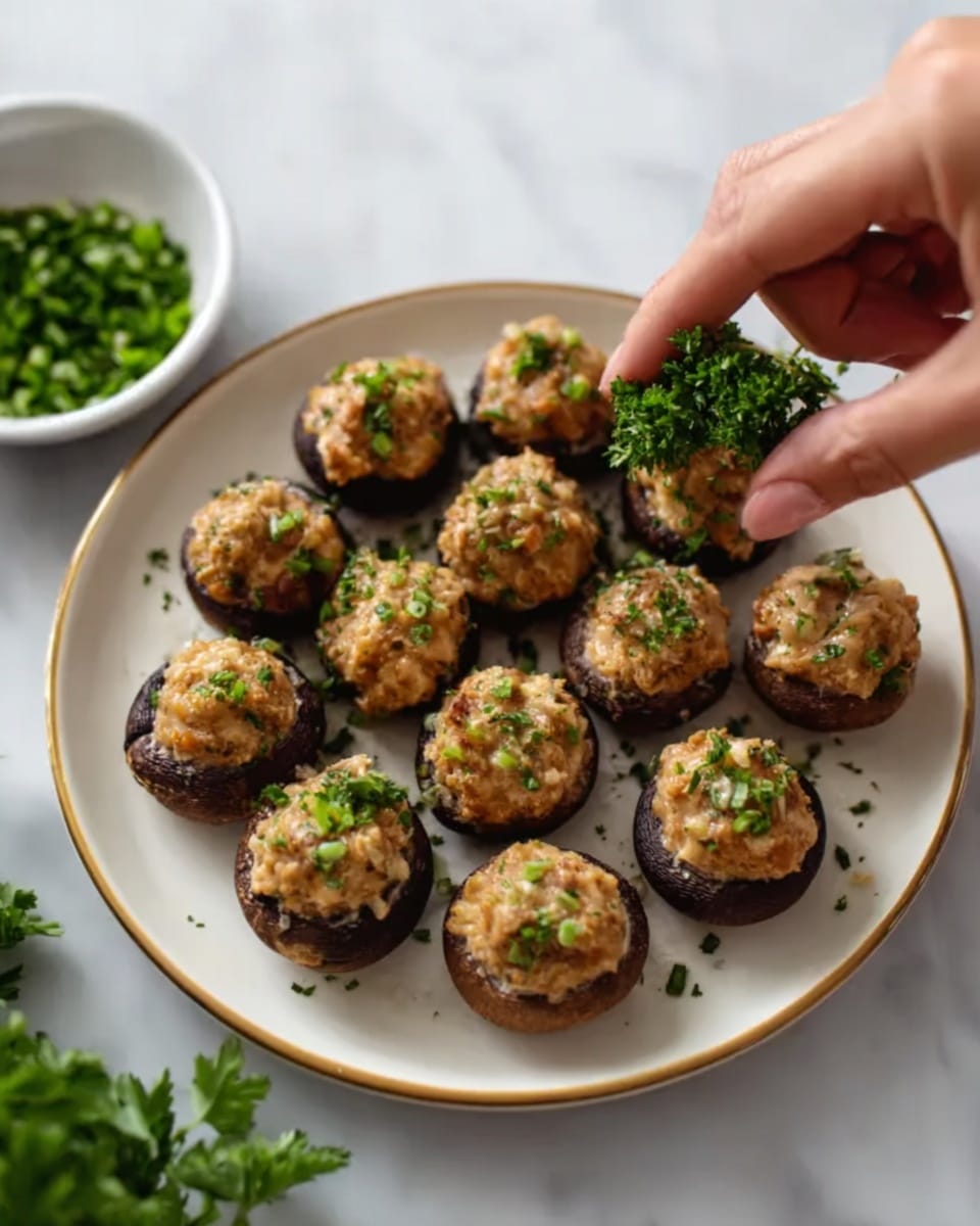 The image shows a white plate filled with stuffed mushroom caps arranged closely together in a circular pattern. Each mushroom cap is filled with a light brown mixture that looks chunky and slightly textured, topped with small green herb pieces. In the top right, a woman's hand is holding a small bunch of fresh parsley, about to place it on the mushrooms. Beside the plate, there is a small white bowl containing chopped green herbs. The whole scene is set on a white marbled surface. photo taken with an iphone --ar 4:5 --v 7