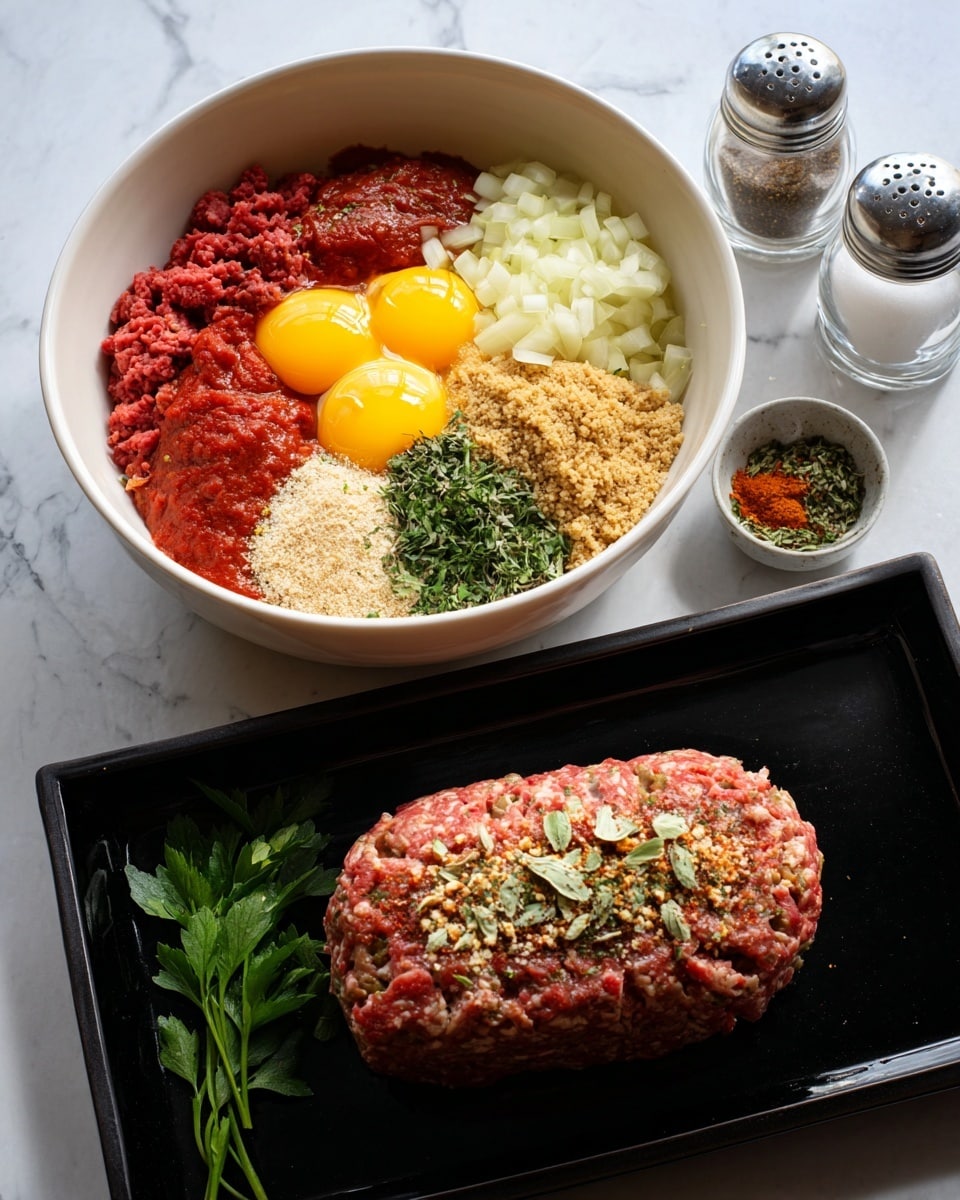 This image shows a sliced meatloaf in a white dish with scalloped edges. The meatloaf has three visible layers: a thick ground meat base in a light brown color, a layer of red tomato sauce beneath a top layer of melted cheese that is white with green herb sprinkles. The cheese covers the top and slightly drips down the sides. The dish sits on a white marbled surface with a silver salt and pepper shaker set blurred in the background. The slices are cut thick, showing the moist and dense texture of the meat inside. Photo taken with an iphone --ar 4:5 --v 7