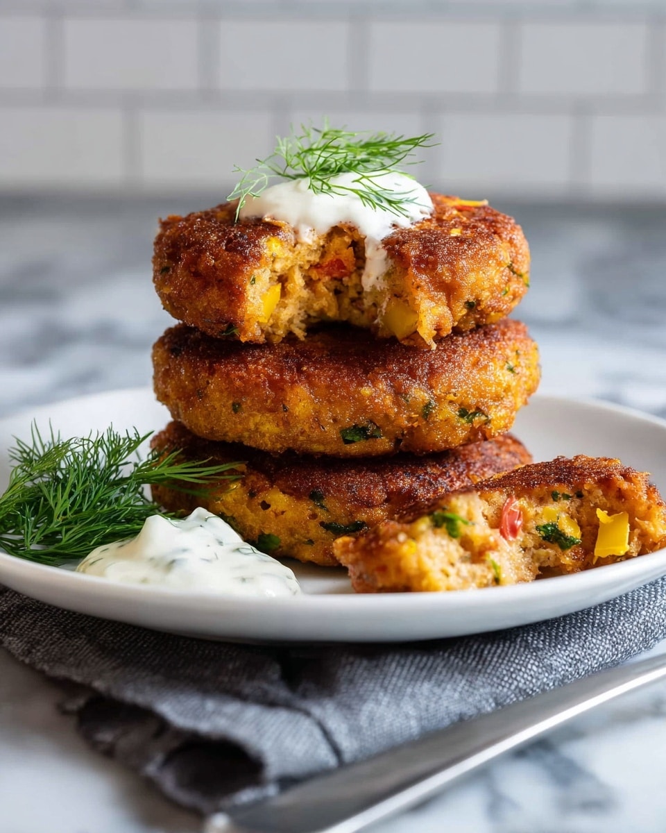 A stack of three golden brown patties is centered on a white plate, with the top patty split to show its soft, orange and light pink inside, dotted with green herbs, and topped with a small dollop of white sauce and a tiny sprig of green dill. The middle patty is whole, richly browned, and the bottom patty shows bits of yellow pepper or squash within its crust. To the right of the stack, part of a broken patty rests, revealing its textured interior, and in front of the stack is a small dollop of white sauce with visible green seasoning. Fresh green dill sits on the left side of the plate. The plate is placed on a gray cloth napkin with a silver fork just visible at the bottom, all set against a white marbled surface and a white tiled background. Photo taken with an iphone --ar 4:5 --v 7