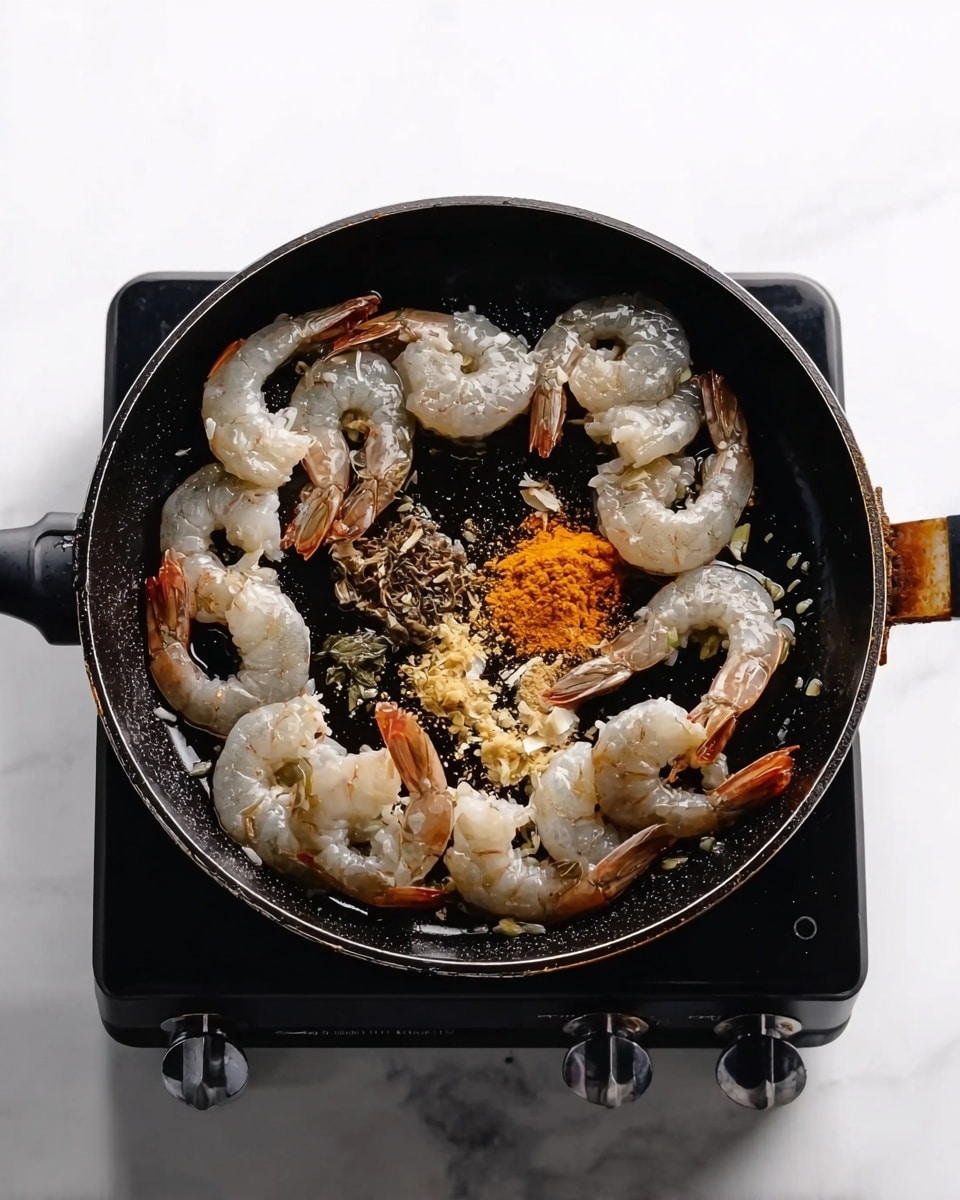 The image shows a black skillet on a stove with raw shrimp arranged in a circle around the edge. In the center, there are different spices: light brown crushed garlic, bright orange powder, and some dark brown whole spices. The shrimp are pale grey with some slight pink tones, and the skillet surface is shiny from oil. The stove is white with a modern design, and the whole setup is on a white marbled surface. Photo taken with an iphone --ar 4:5 --v 7