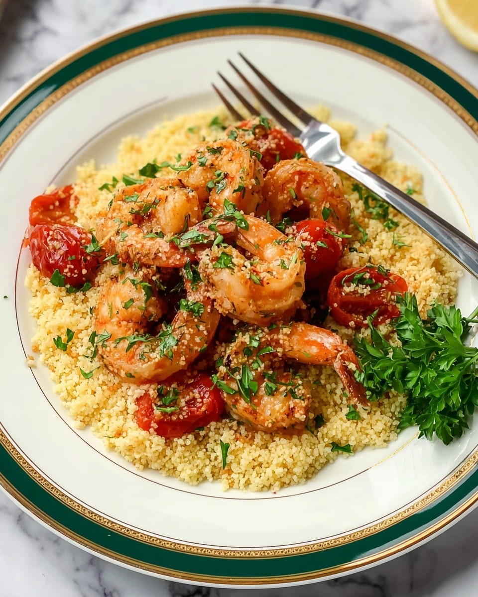 The image shows a black cast iron skillet filled with a vibrant shrimp dish, placed on a white marbled surface. The skillet holds two layers: the bottom layer is yellow rice with scattered small green herbs, and the top layer features a generous amount of cooked shrimp arranged in a circular pattern. The shrimp are orange with hints of red and slight charring, garnished with fresh green herbs, adding texture and color contrast. The skillet handle extends to the left, with no other objects in the scene. photo taken with an iphone --ar 4:5 --v 7