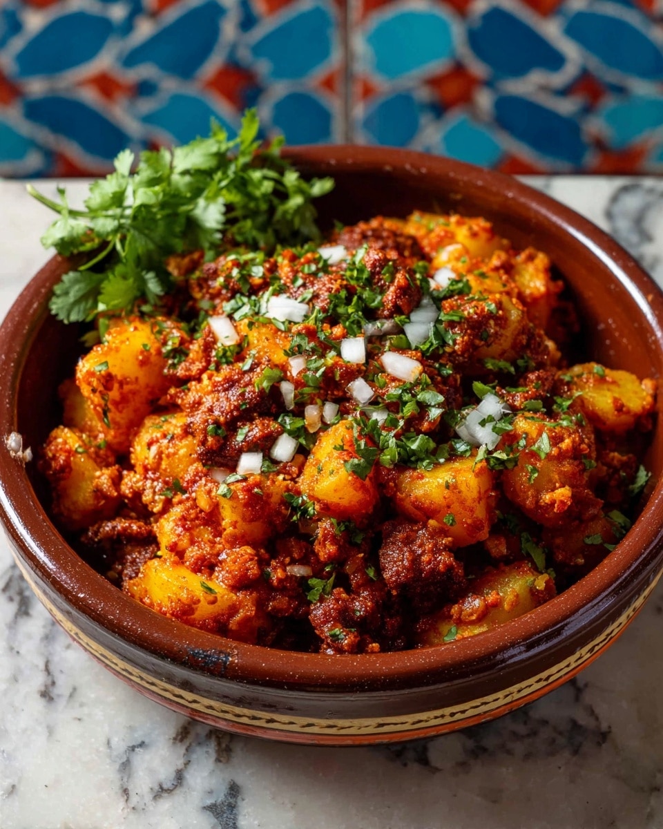 A white oval dish holds a chunky mixture of cooked, reddish-orange minced meat and small yellow potato pieces, with some browning giving a slightly crispy look on top. The dish is sprinkled with small white onion pieces across the middle, and fresh green cilantro leaves sit to one side for garnish. A woman's hand is holding the dish from the bottom right corner, and the background shows a white marbled surface. photo taken with an iphone --ar 4:5 --v 7