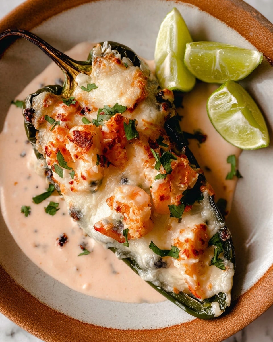 A white plate with a stuffed poblano pepper as the main item, the pepper's dark green charred skin is visible on the sides, filled with small pink and orange shrimp mixed with bits of tomato. The pepper is covered with melted white cheese, and a light brown creamy sauce is poured generously over the entire pepper, slightly pooling at the base. Two lime wedges with a light green color are placed behind the pepper on the plate. The setting is on a white marbled surface. Photo taken with an iphone --ar 4:5 --v 7