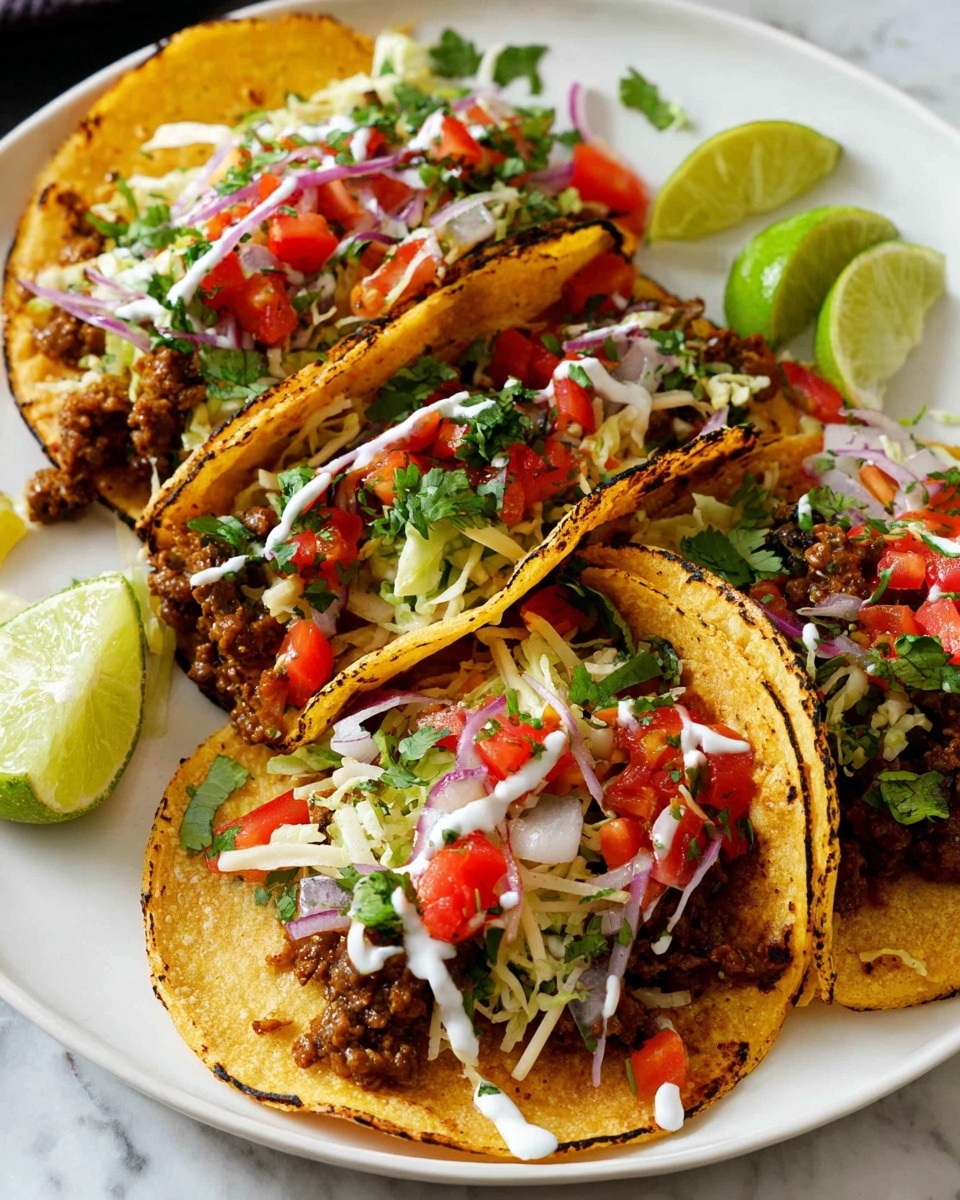 Four tacos sit on a white plate over a white marbled surface. Each taco has one soft, slightly charred yellow corn tortilla as the base. The first layer inside the tortilla is a mix of seasoned ground meat. On top of the meat, there is shredded lettuce and thin slices of red onion. Diced red tomatoes add bright color, while shredded cheese is scattered over it all. Small green cilantro leaves are spread on top. A drizzle of white sauce completes the topping. To the side of the tacos, there are three lime wedges. The photo taken with an iphone --ar 4:5 --v 7