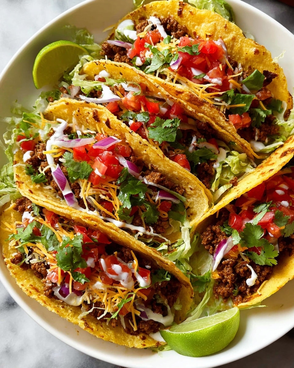 The dish shows five tacos arranged in a white plate placed on a white marbled surface. Each taco has a soft, slightly charred yellow tortilla folded in half. The bottom layer inside each taco is shredded light green lettuce. On top of that, there is a layer of browned ground meat. Over the meat, there are chopped bright red tomatoes and thin slices of purple onion scattered evenly. A few sprigs of fresh green cilantro leaves are sprinkled across the tacos. The tacos are topped with shredded cheese in white and orange hues along with a drizzle of white sauce. Two lime wedges rest on the edge of the plate, adding a fresh touch. The photo was taken with an iphone --ar 4:5 --v 7