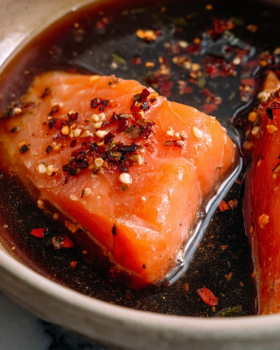 A close-up image showing two slices of raw salmon partially submerged in a dark marinade inside a white bowl. The salmon pieces have a bright orange color with a slightly shiny texture, featuring small black and red chili flakes sprinkled on top. The dark marinade has a mix of translucent and speckled areas with fine spices floating in it. The bowl sits on a white marbled surface. photo taken with an iphone --ar 4:5 --v 7
