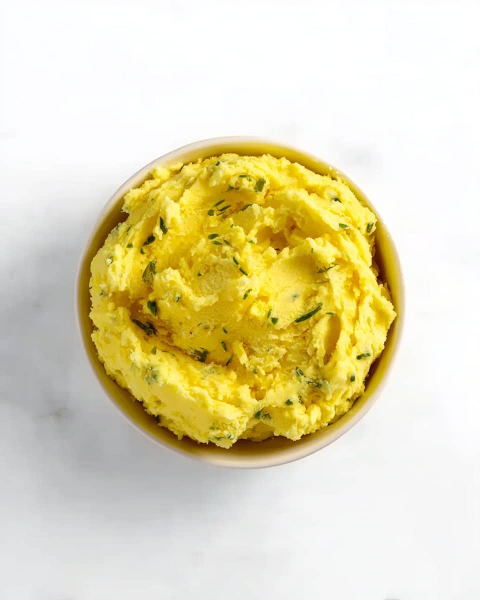 The image shows a white bowl filled with yellow mashed potatoes that have a soft, creamy texture with some small chunks. The mashed potatoes are topped with tiny green herbs mixed inside, giving a subtle color contrast. The bowl is placed on a white marbled surface, seen from above with no additional objects around. The lighting is bright, making the yellow color of the mashed potatoes vivid and fresh photo taken with an iphone --ar 4:5 --v 7