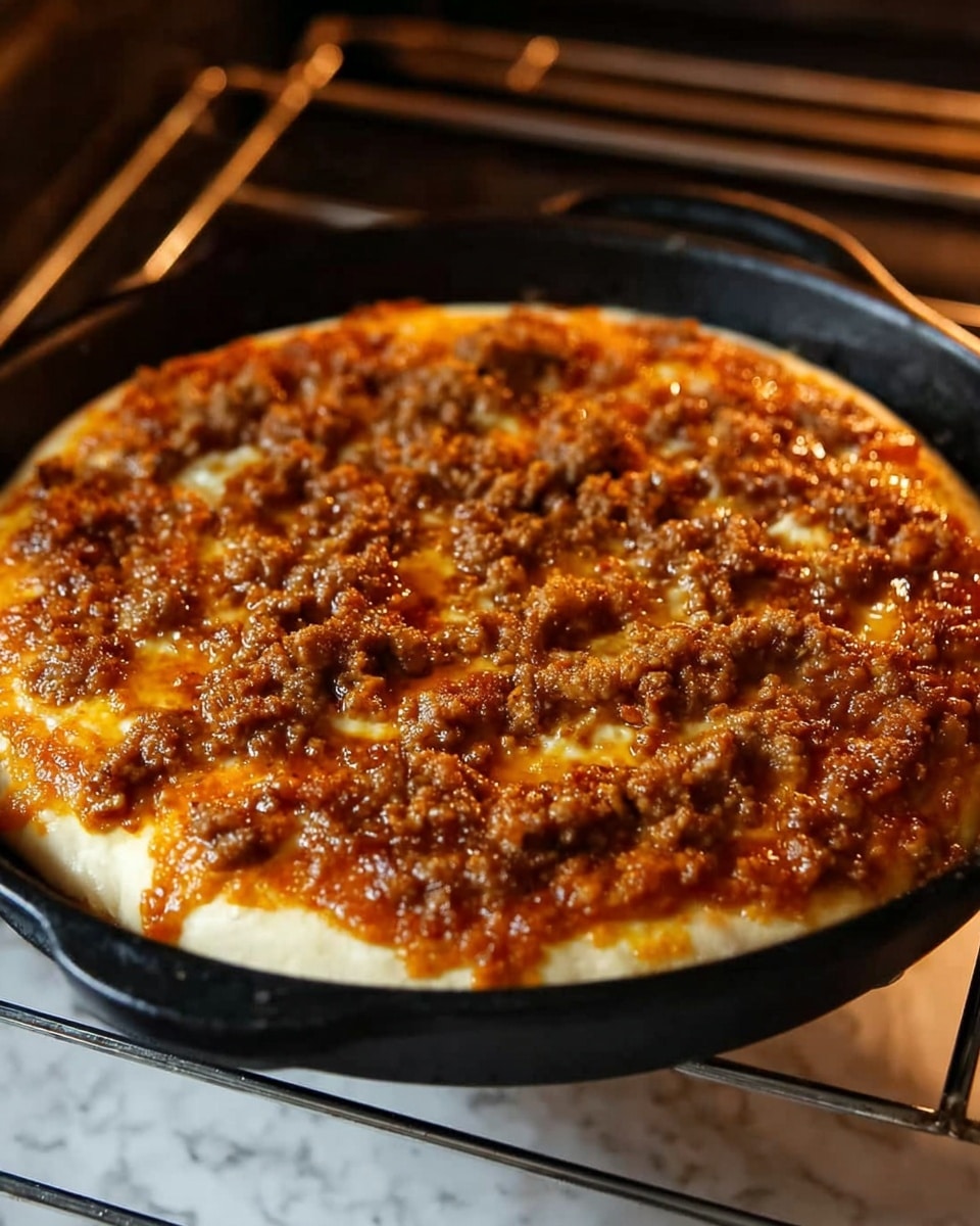 The image shows two white frying pans on a white marbled surface, each filled with cooked ground beef mixed with small pieces of onion and crispy bacon bits. In the first pan on the left, the beef mixture is plain with a wooden spoon resting inside. In the second pan on the right, shredded yellow cheddar and white cheese have been added on top of the beef mixture, scattered evenly with a wooden spoon placed on the side. The overall colors mix the dark brown of beef with the light translucent onion pieces and bright yellow and white cheese shreds, creating a layered, textured look. Photo taken with an iphone --ar 4:5 --v 7