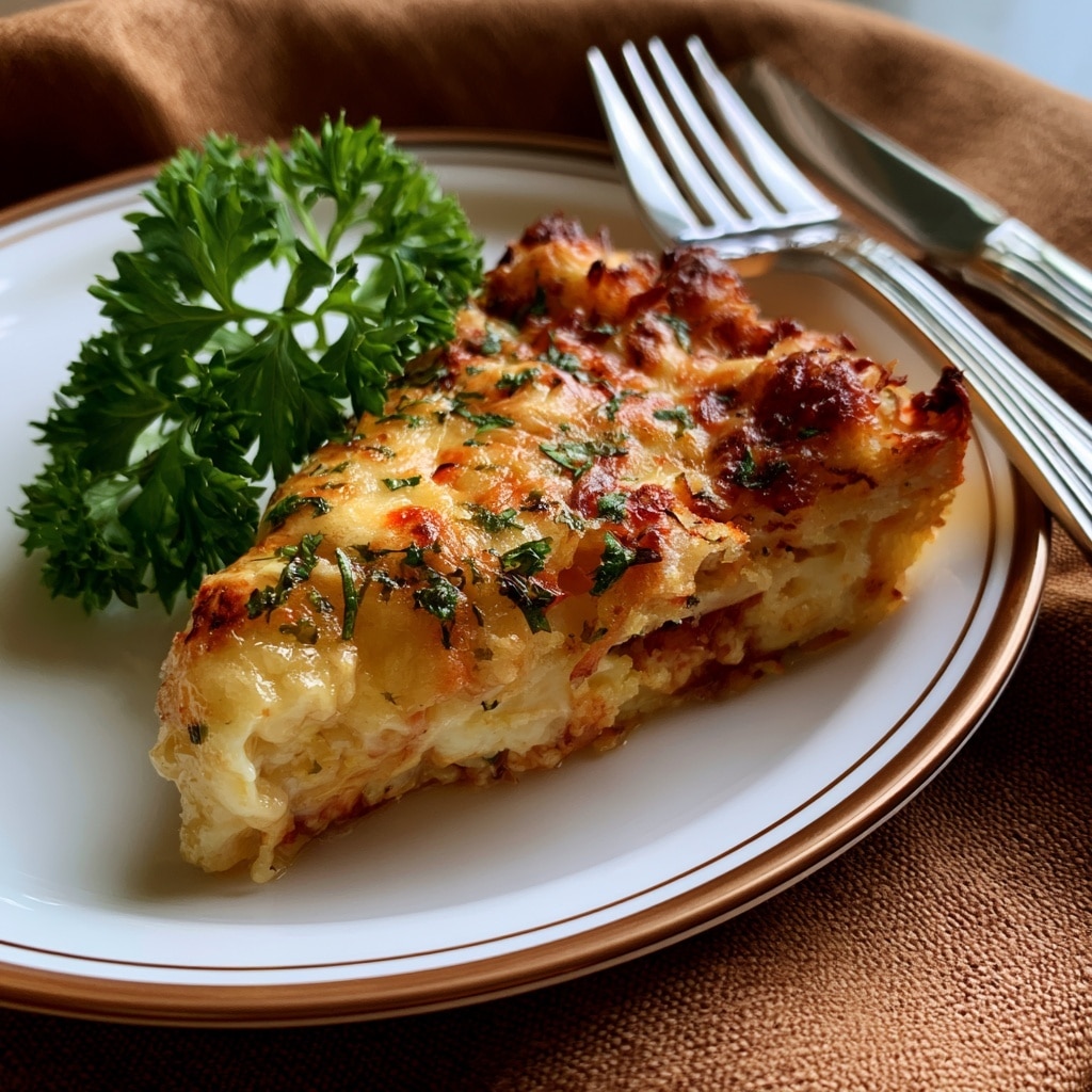A thick slice of a baked casserole sits on a white plate with a fork on the right side, the casserole has two main layers: a bottom yellow-orange layer filled with small bits of meat and cheese, and a top layer with a golden brown baked crust mixed with browned ground meat pieces giving a textured surface. Next to the slice on the plate are three red tomato wedges and two green pickle slices. In the background, slightly out of focus, is another white plate with more pickle slices and lettuce pieces, all set on a white marbled surface. photo taken with an iphone --ar 4:5 --v 7