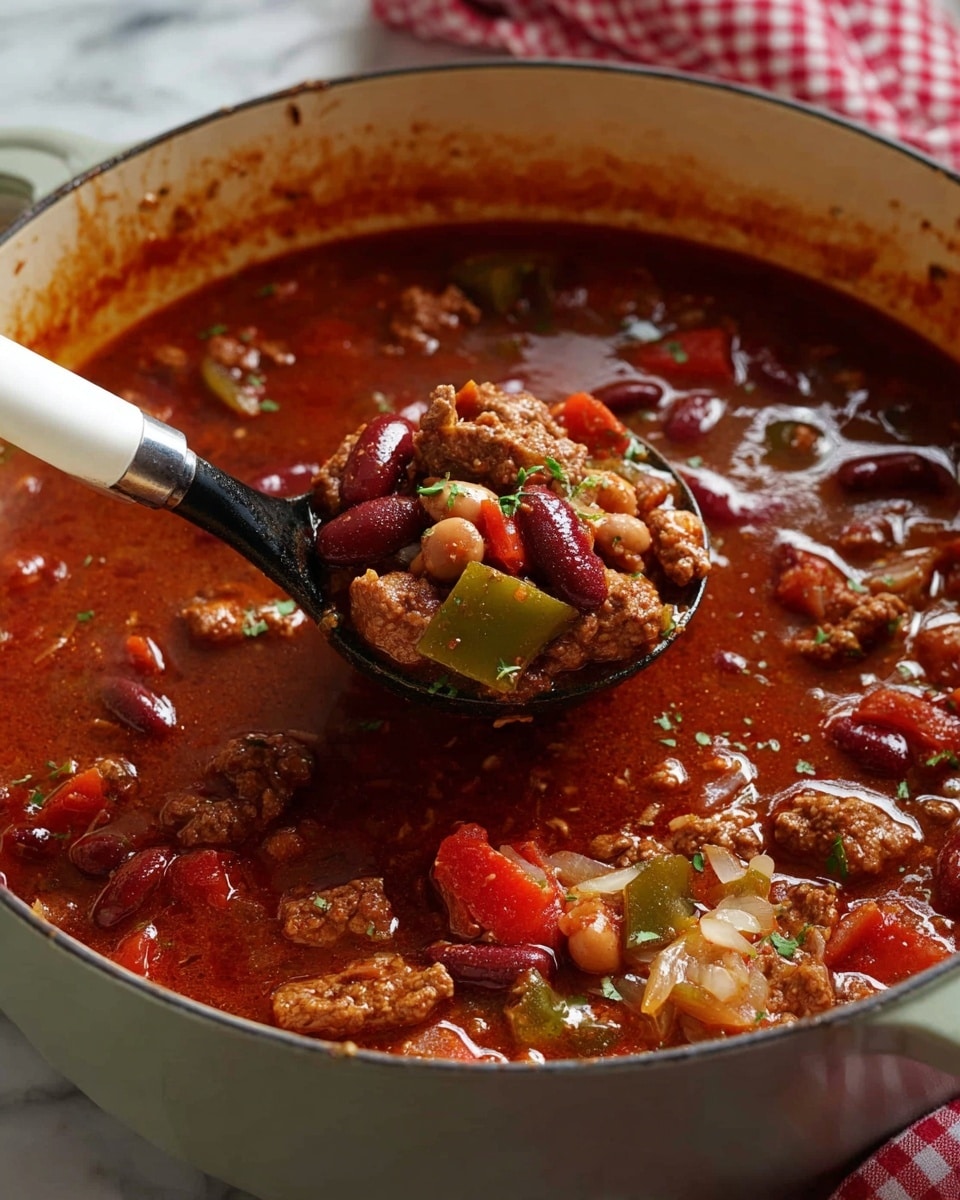 The image shows a pot filled with a thick stew featuring multiple layers including small chunks of browned meat, red kidney beans, light brown beans, diced green bell peppers, chopped white onions, and bright red tomato pieces all in a rich, deep red broth. The stew has a slightly oily surface with visible seasonings and a soft texture. A black spoon with a white handle is lifting a portion of the stew, revealing a mixture of the ingredients held together by the thick sauce. The edge of the white pot has some red splashes from the stew and is set against a white marbled surface with part of a red and white checkered cloth visible in the background. Photo taken with an iphone --ar 4:5 --v 7